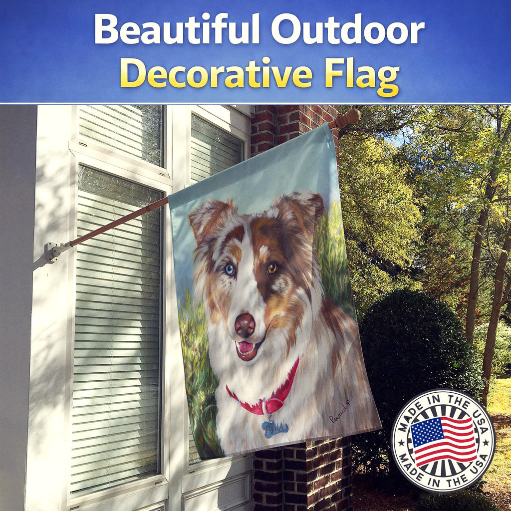Australian Shepherd Scarlet House Flag 28x40 Porch Sleeve Pole Decorative Outside Yard Banner Artwork Wall Hanging, Polyester