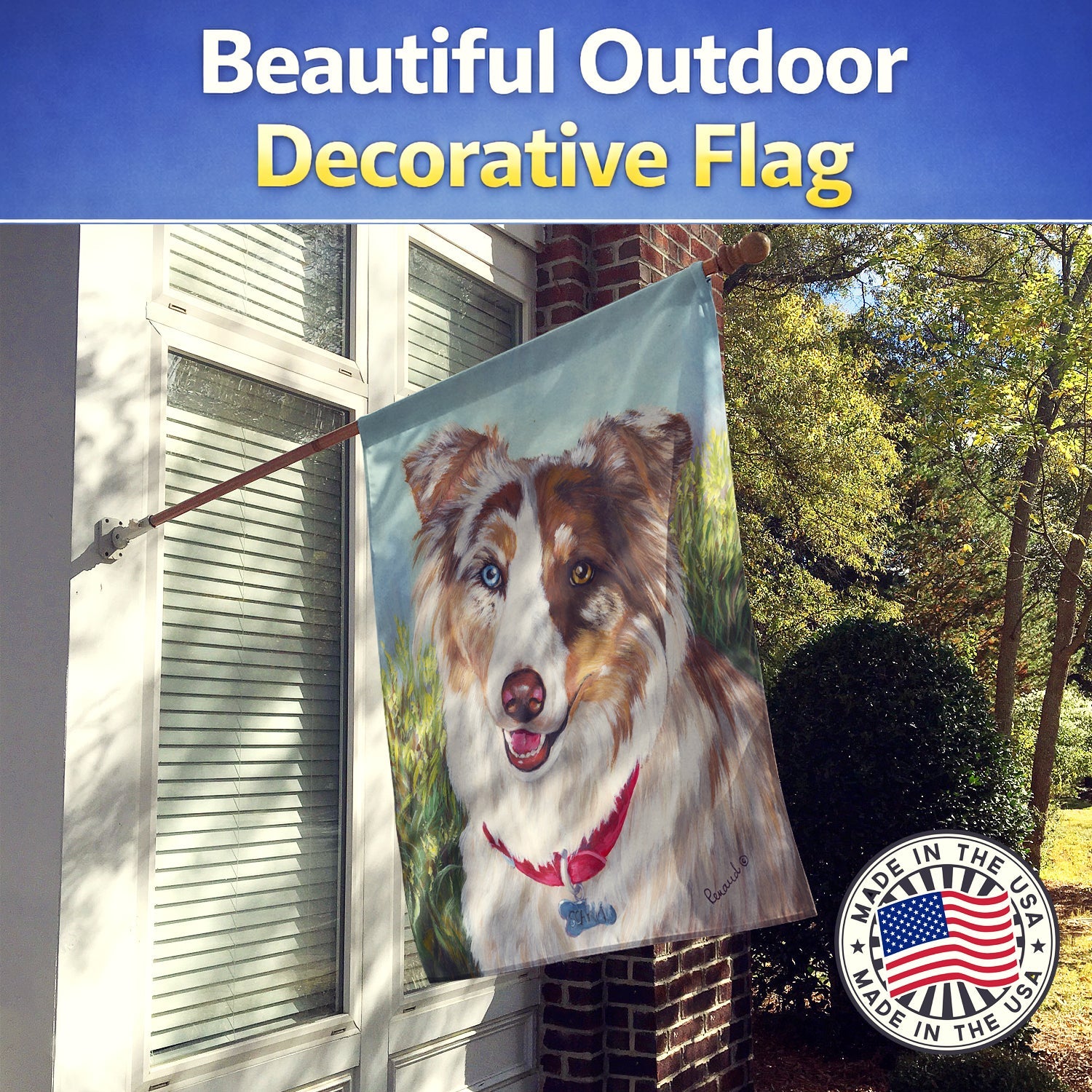 Australian Shepherd Scarlet House Flag 28x40 Porch Sleeve Pole Decorative Outside Yard Banner Artwork Wall Hanging, Polyester