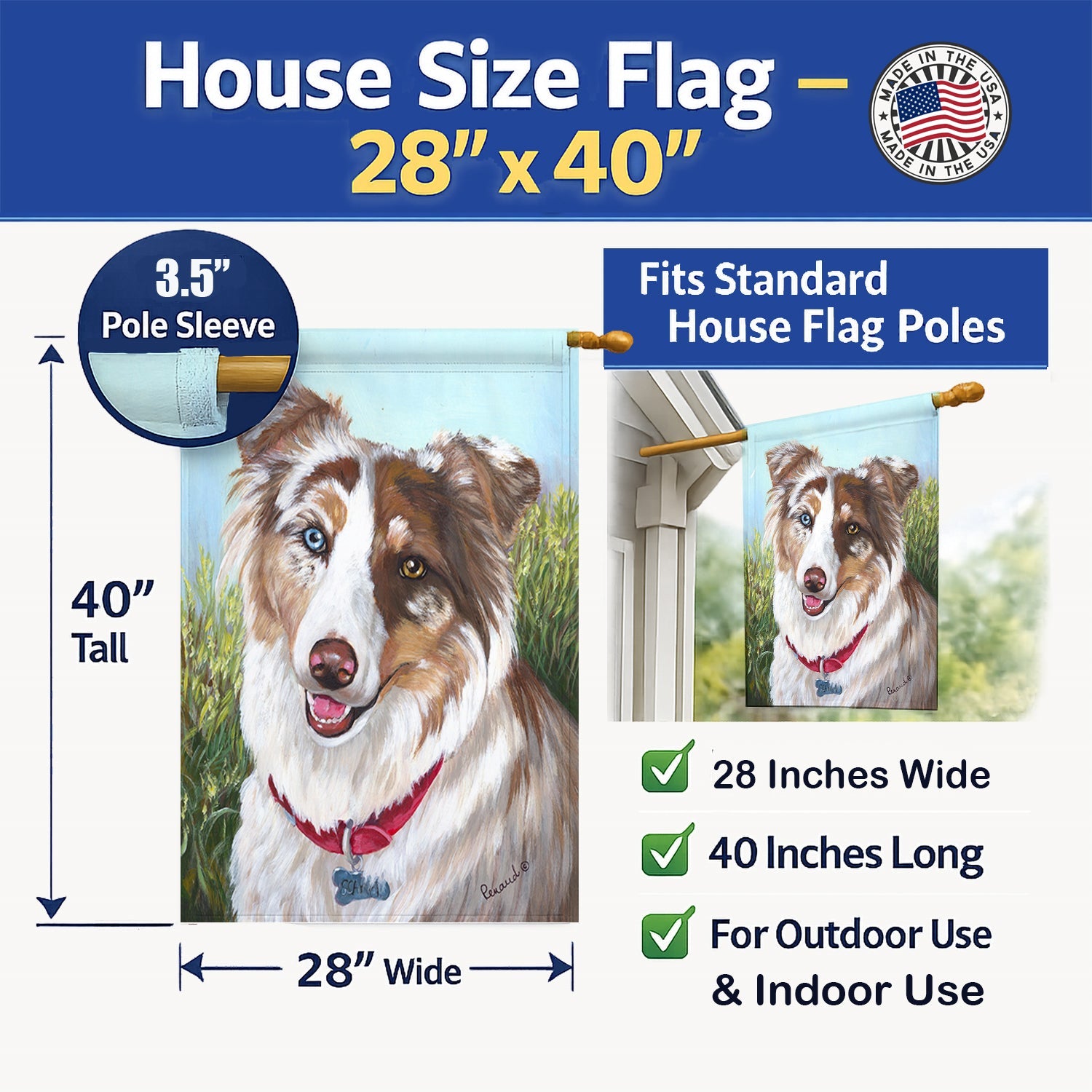Australian Shepherd Scarlet House Flag 28x40 Porch Sleeve Pole Decorative Outside Yard Banner Artwork Wall Hanging, Polyester