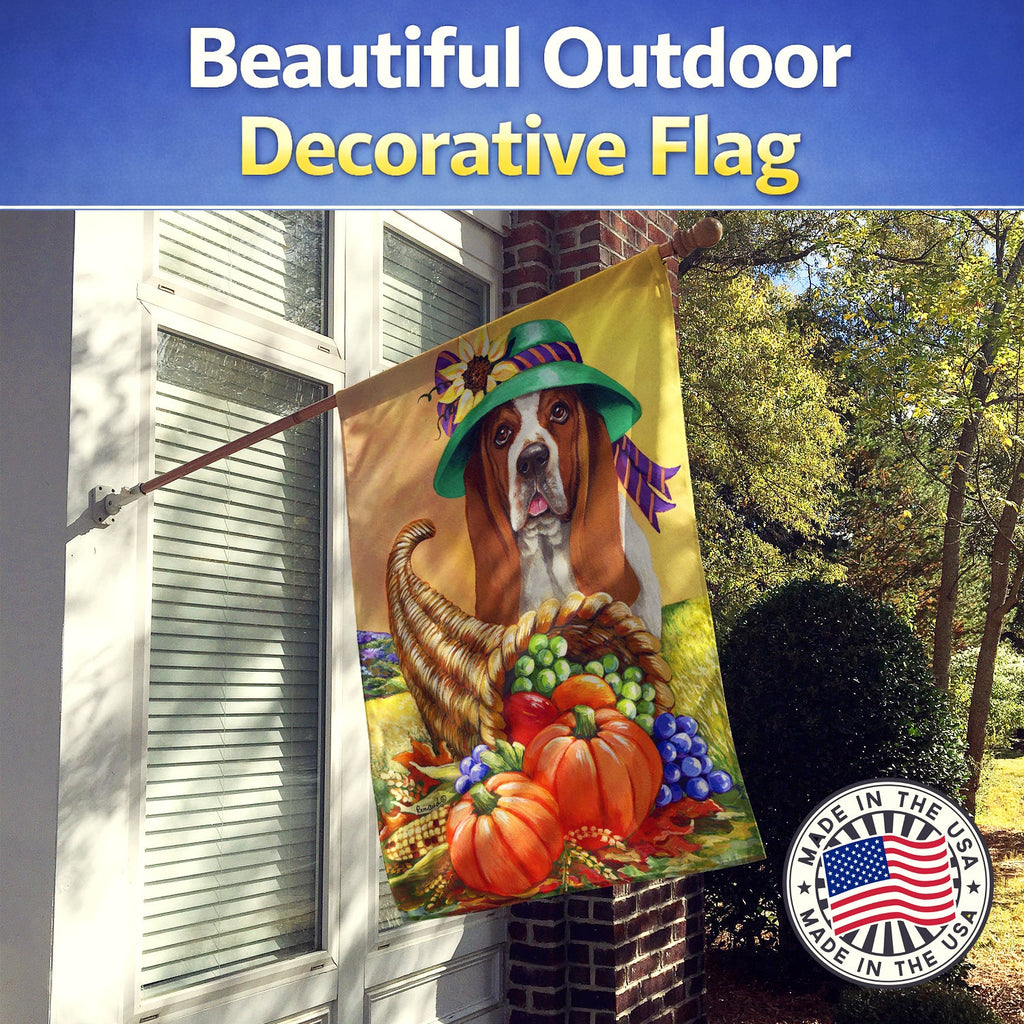 Basset Hound Autumn House Flag 28x40 Porch Sleeve Pole Decorative Outside Yard Banner Artwork Wall Hanging, Polyester