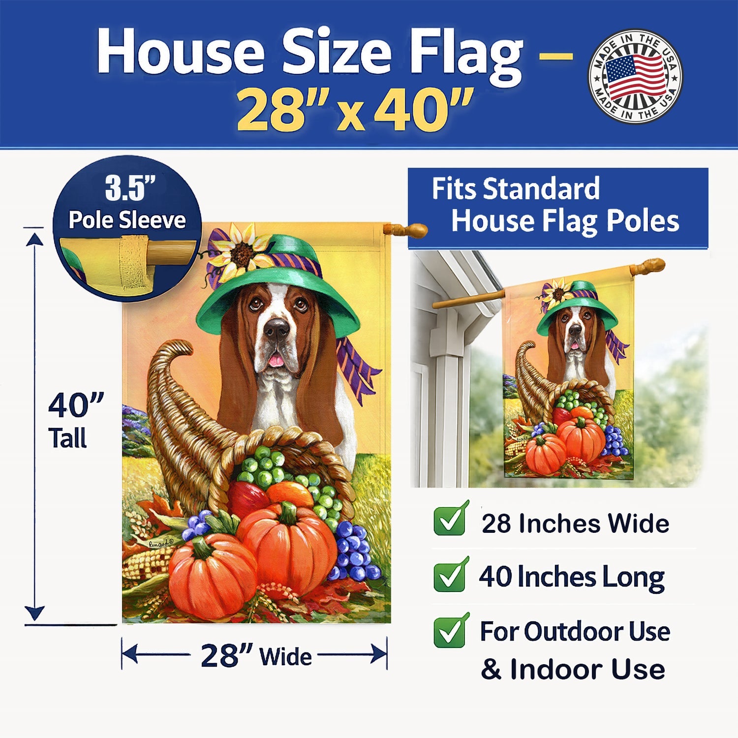 Basset Hound Autumn House Flag 28x40 Porch Sleeve Pole Decorative Outside Yard Banner Artwork Wall Hanging, Polyester