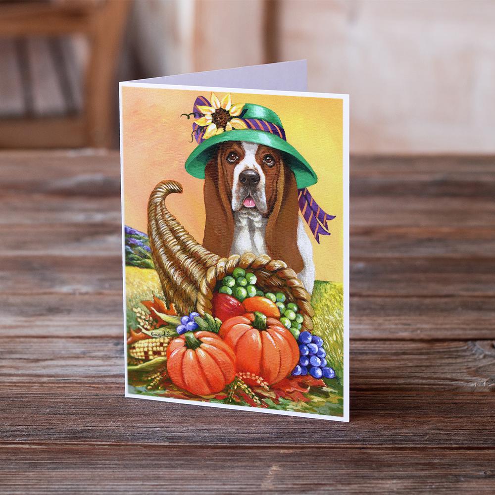 Basset Hound Autumn Greeting Cards Pack of 8 Blank Cards with Envelopes Whimsical A7 Size 5x7