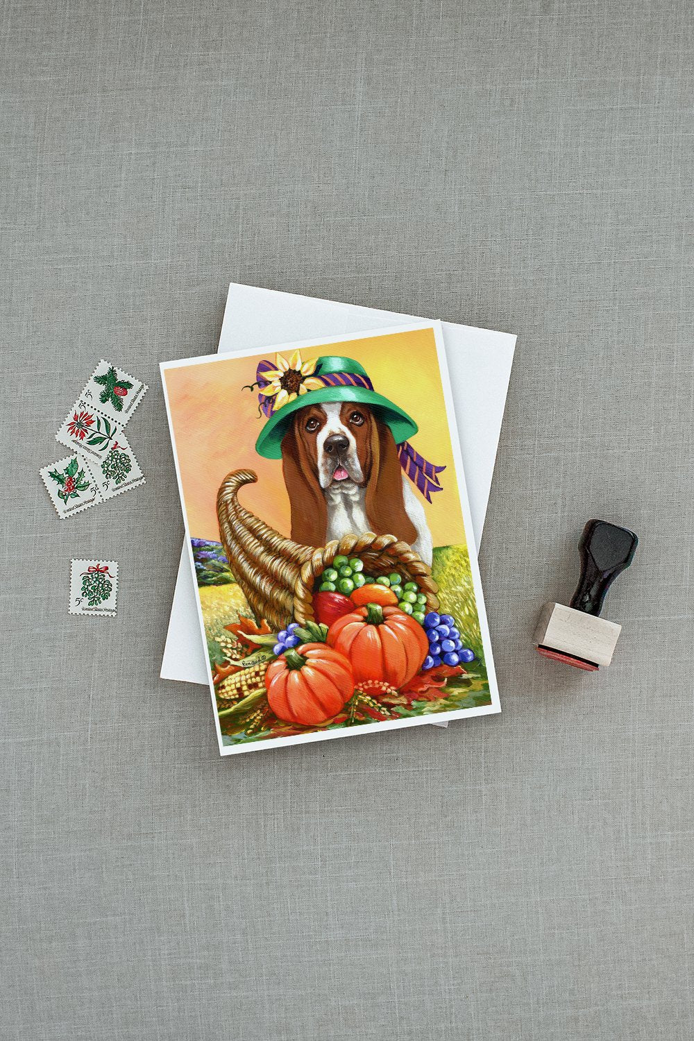 Basset Hound Autumn Greeting Cards Pack of 8 Blank Cards with Envelopes Whimsical A7 Size 5x7