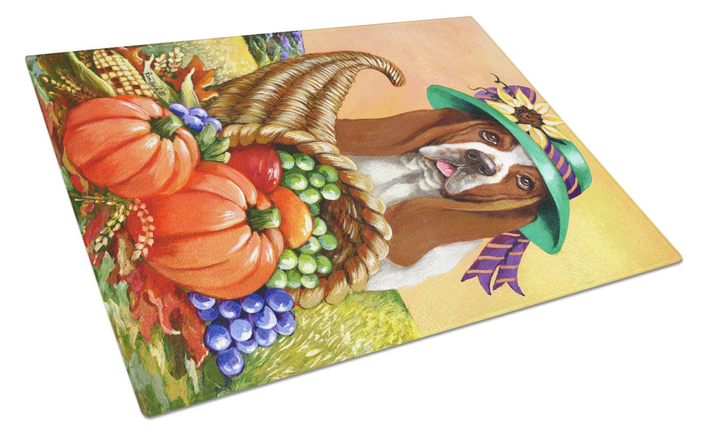 Basset Hound Autumn Cutting Board Tempered Glass Kitchen Cutting Surface, Heat Resistant Chopping, Non-Slip Feet, Food Prep & Serving