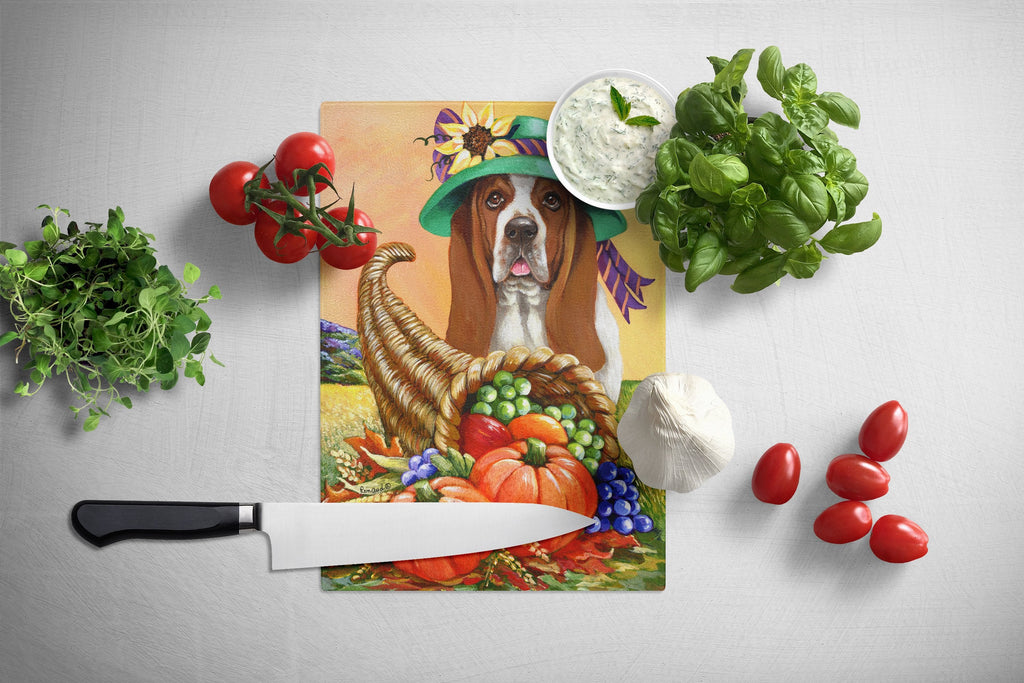 Basset Hound Autumn Cutting Board Tempered Glass Kitchen Cutting Surface, Heat Resistant Chopping, Non-Slip Feet, Food Prep & Serving