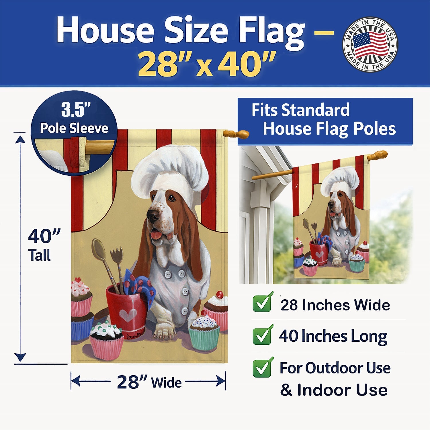 Basset Hound Cupcake Hound House Flag 28x40 Porch Sleeve Pole Decorative Outside Yard Banner Artwork Wall Hanging, Polyester