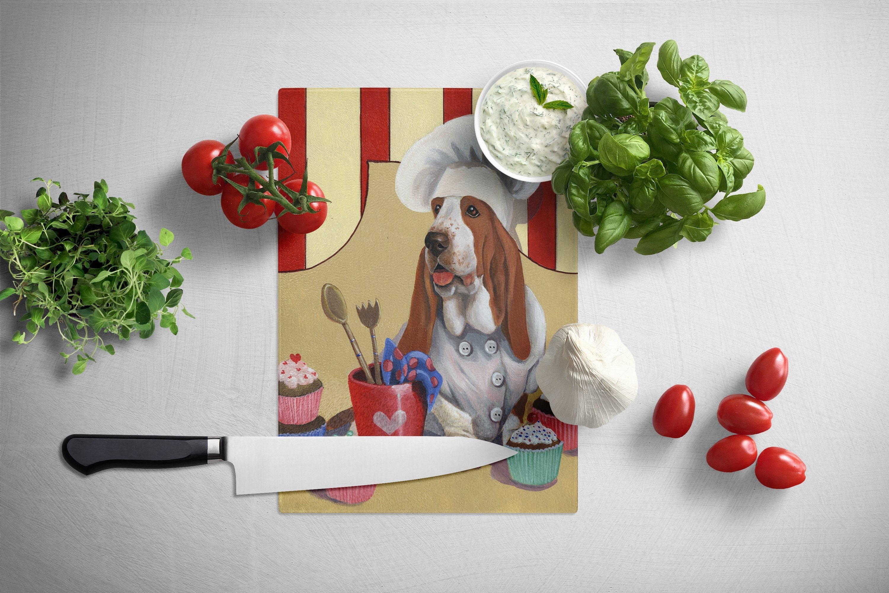 Basset Hound Cupcake Hound Cutting Board Tempered Glass Kitchen Cutting Surface, Heat Resistant Chopping, Non-Slip Feet, Food Prep & Serving