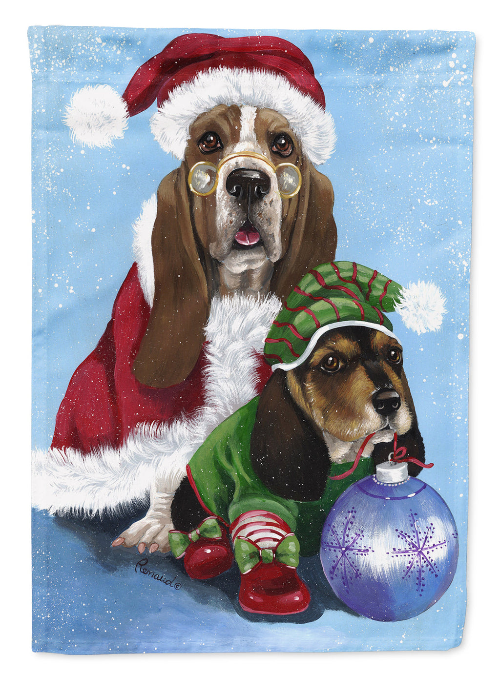 Basset Hound Santa Christmas House Flag 28x40 Porch Sleeve Pole Decorative Outside Yard Banner Artwork Wall Hanging, Polyester