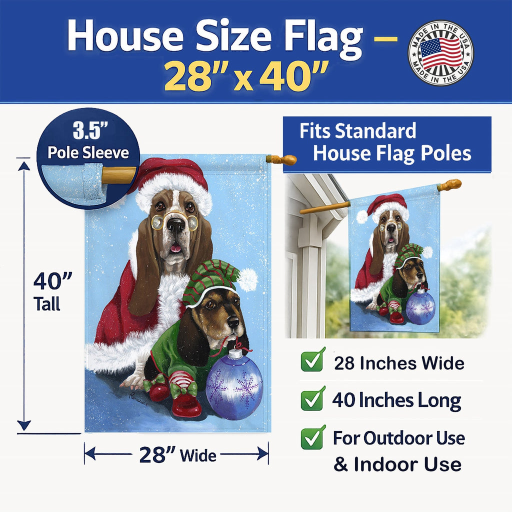 Basset Hound Santa Christmas House Flag 28x40 Porch Sleeve Pole Decorative Outside Yard Banner Artwork Wall Hanging, Polyester