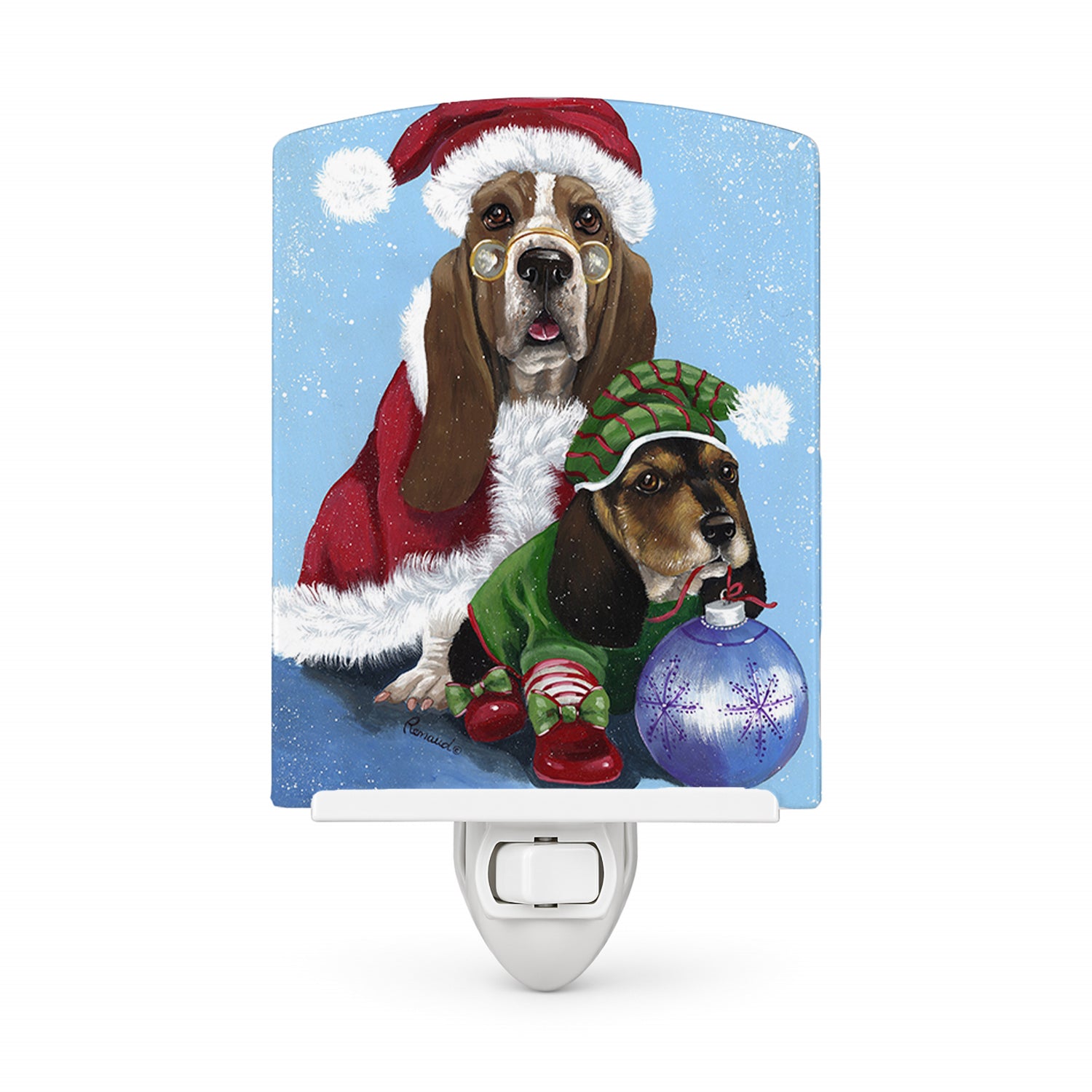Basset Hound Santa Christmas Ceramic Night Light Compact, UL-Certified, Ideal for Bedroom, Bathroom, Nursery, Hallway, Kitchen, 6x4x3, Multicolor