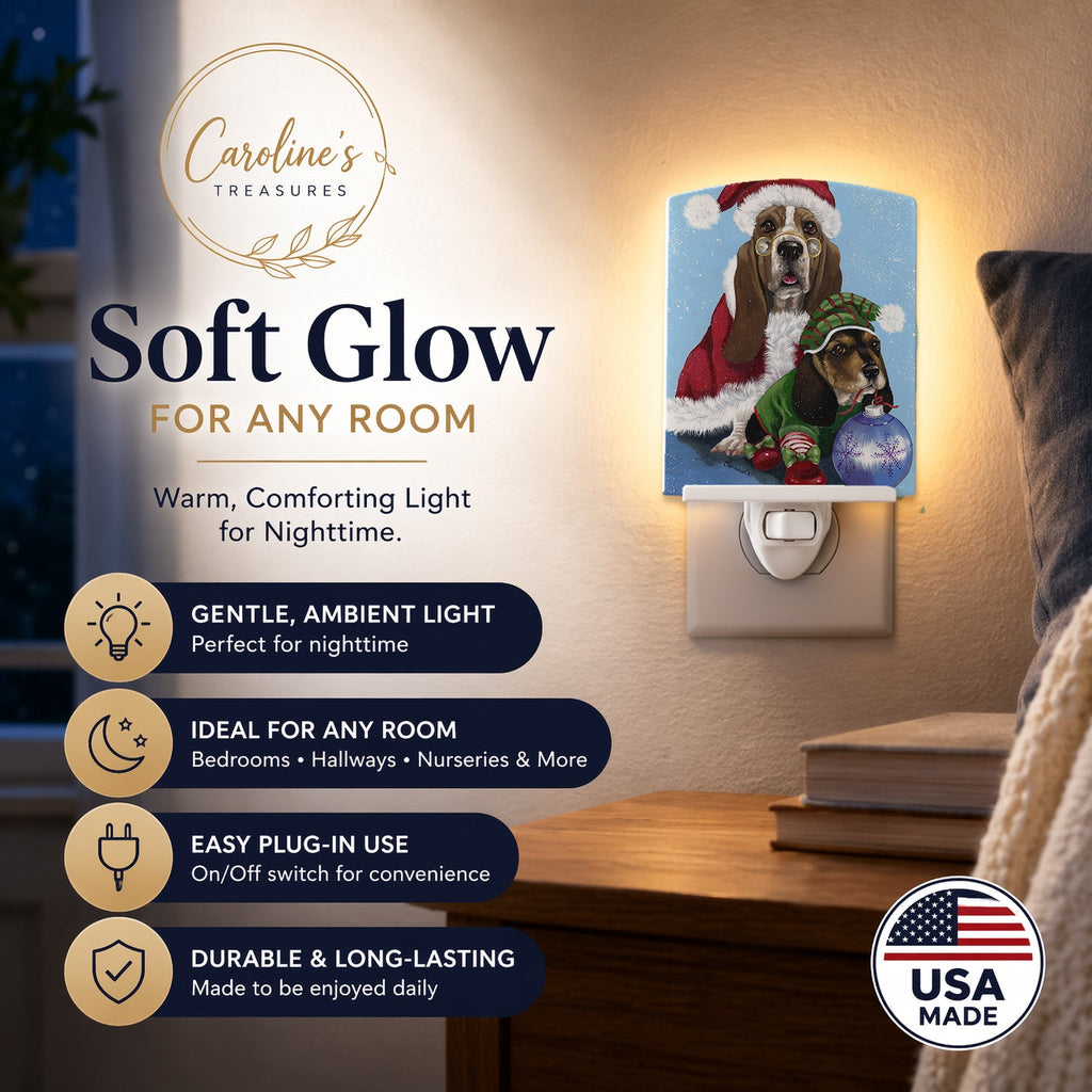 Basset Hound Santa Christmas Ceramic Night Light Compact, UL-Certified, Ideal for Bedroom, Bathroom, Nursery, Hallway, Kitchen, 6x4x3, Multicolor