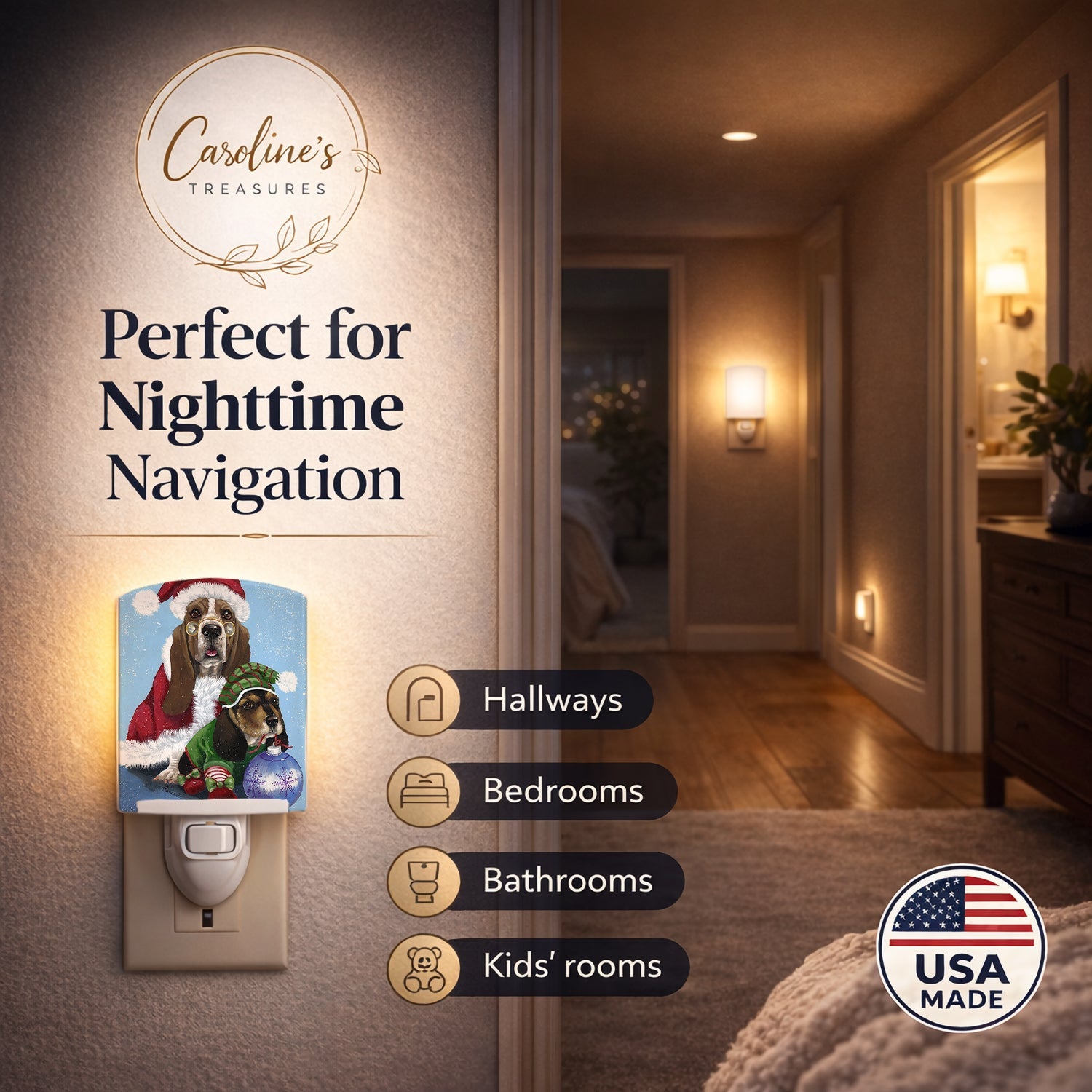 Basset Hound Santa Christmas Ceramic Night Light Compact, UL-Certified, Ideal for Bedroom, Bathroom, Nursery, Hallway, Kitchen, 6x4x3, Multicolor