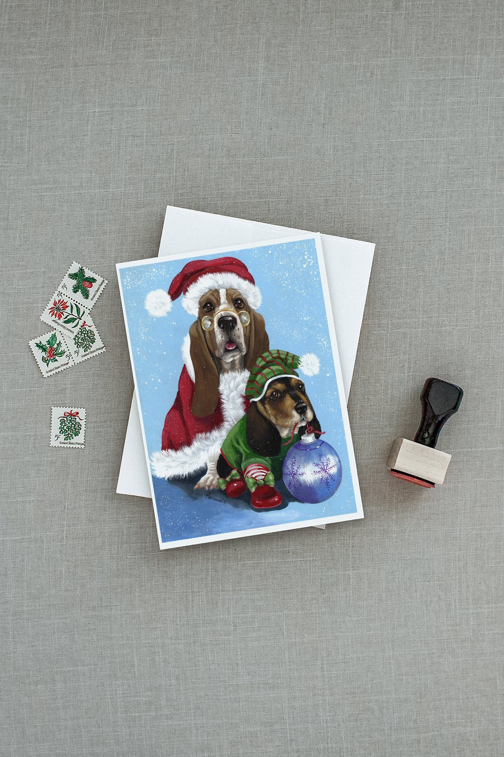 Basset Hound Santa Christmas Greeting Cards Pack of 8 Blank Cards with Envelopes Whimsical A7 Size 5x7