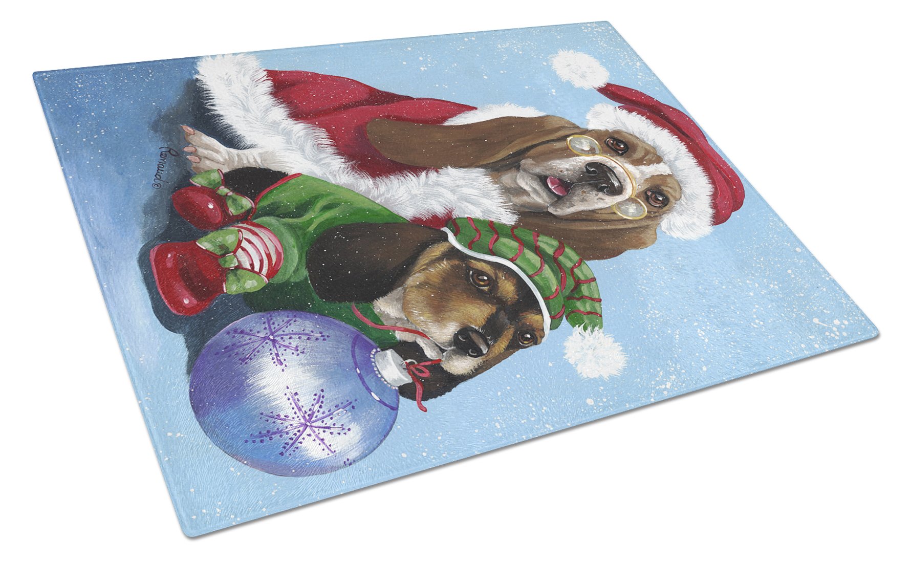 Basset Hound Santa Christmas Cutting Board Tempered Glass Kitchen Cutting Surface, Heat Resistant Chopping, Non-Slip Feet, Food Prep & Serving