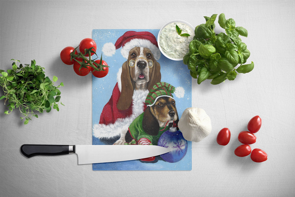 Basset Hound Santa Christmas Cutting Board Tempered Glass Kitchen Cutting Surface, Heat Resistant Chopping, Non-Slip Feet, Food Prep & Serving