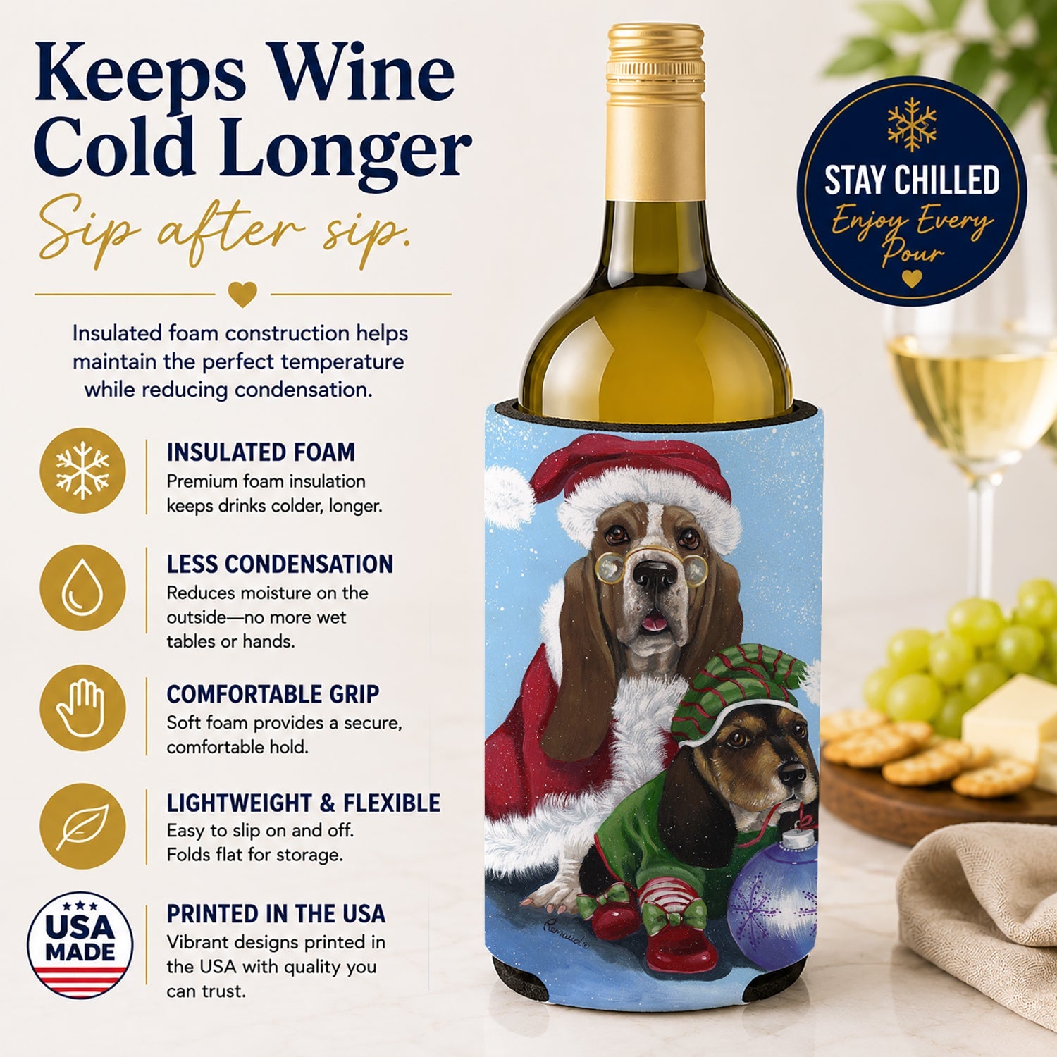 Basset Hound Santa Christmas Wine Bottle Hugger Gift Sleeve for Standard 750 ml Bottles, Insulated Reusable Also Fits Mini Shot & Pint Bottles