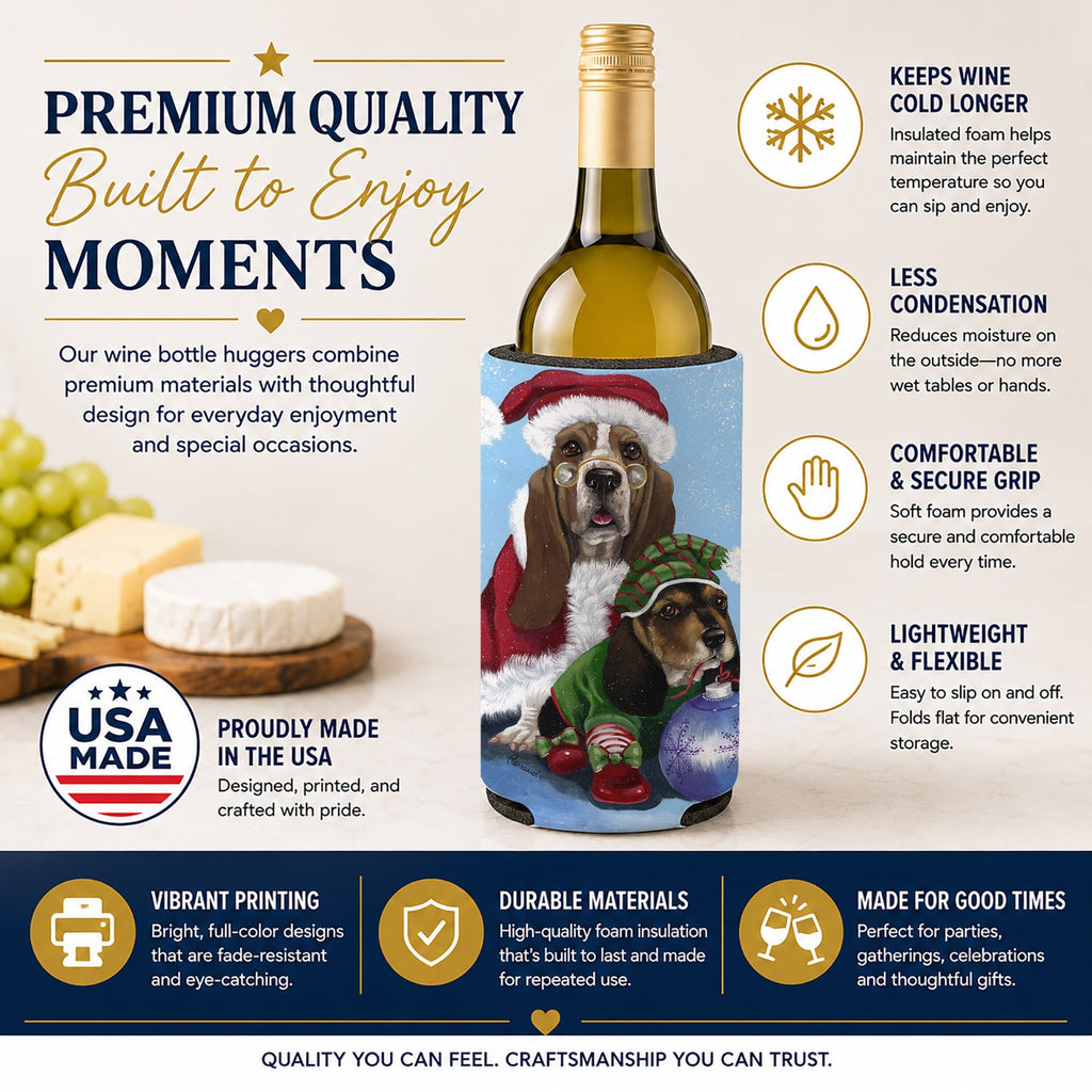 Basset Hound Santa Christmas Wine Bottle Hugger Gift Sleeve for Standard 750 ml Bottles, Insulated Reusable Also Fits Mini Shot & Pint Bottles
