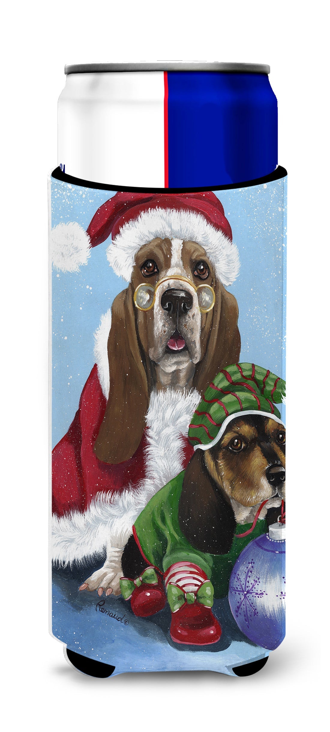 Basset Hound Santa Christmas Slim Can Hugger , Insulated Foam Hugger for 12 oz Slim Cans, Beer Bottles & Water Bottles, Printed in USA