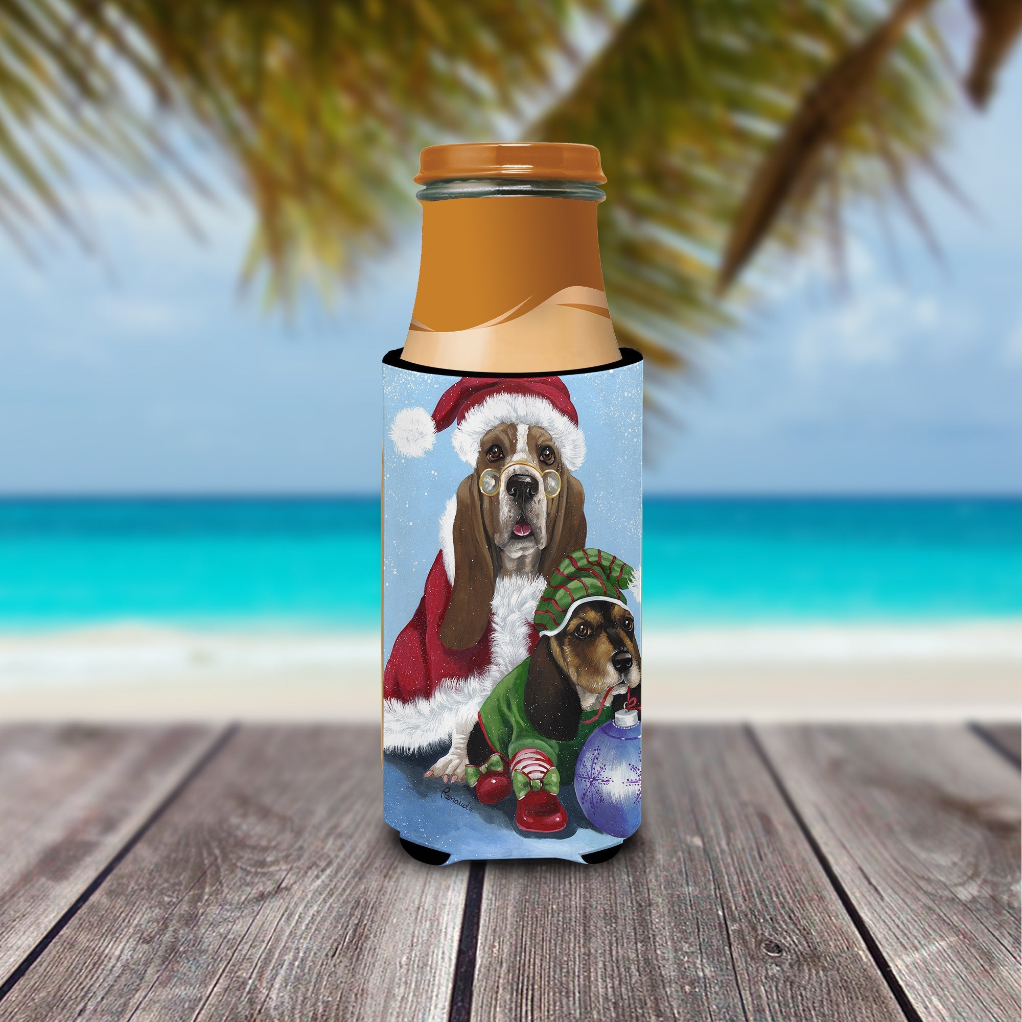 Basset Hound Santa Christmas Slim Can Hugger , Insulated Foam Hugger for 12 oz Slim Cans, Beer Bottles & Water Bottles, Printed in USA
