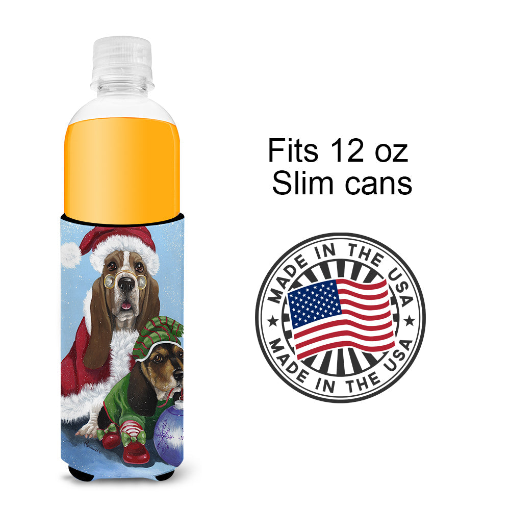 Basset Hound Santa Christmas Slim Can Hugger , Insulated Foam Hugger for 12 oz Slim Cans, Beer Bottles & Water Bottles, Printed in USA