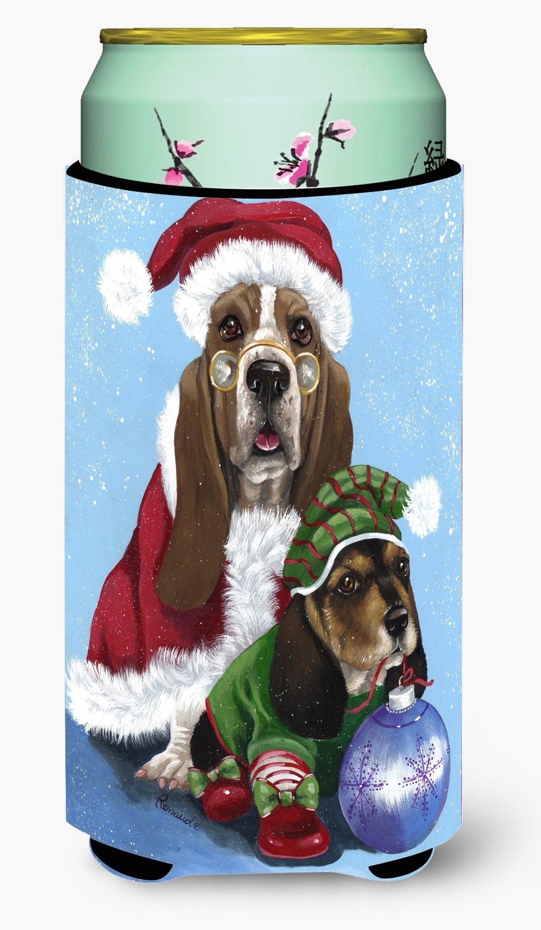 Basset Hound Santa Christmas Tall Boy Hugger Can Cooler Sleeve Machine Washable Drink Collapsible Insulator Beverage Insulated Holder