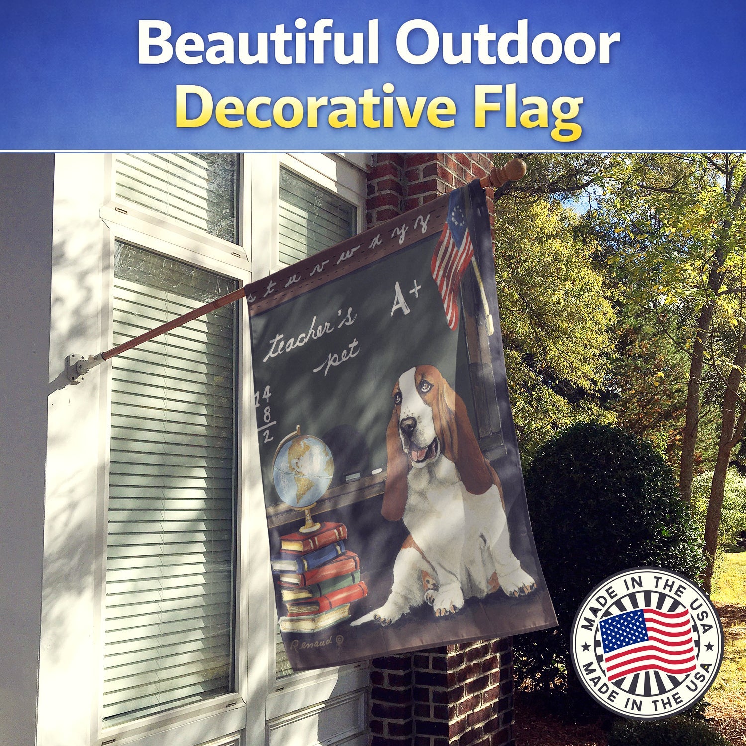 Basset Hound Teacher's Pet House Flag 28x40 Porch Sleeve Pole Decorative Outside Yard Banner Artwork Wall Hanging, Polyester