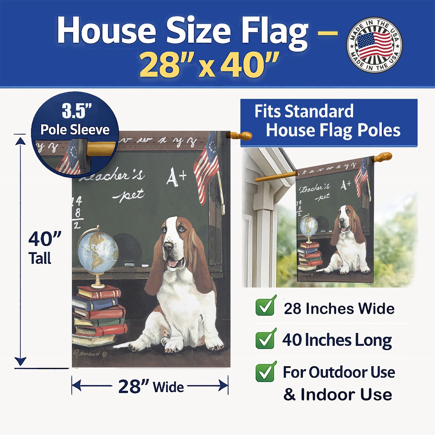 Basset Hound Teacher's Pet House Flag 28x40 Porch Sleeve Pole Decorative Outside Yard Banner Artwork Wall Hanging, Polyester