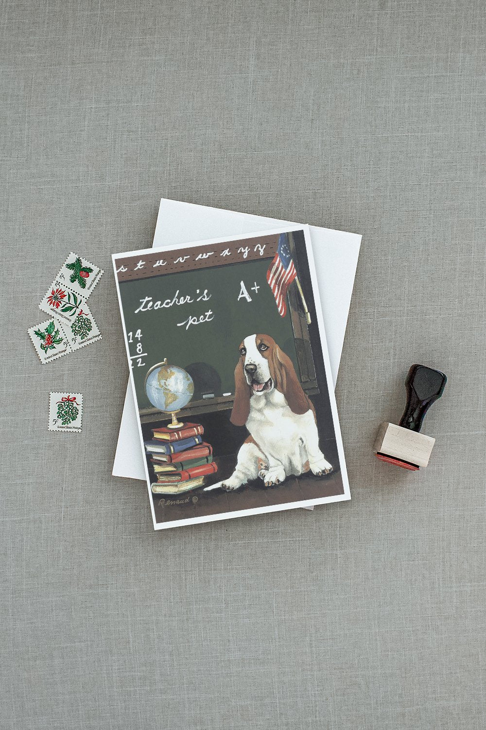 Basset Hound Teacher's Pet Greeting Cards Pack of 8 Blank Cards with Envelopes Whimsical A7 Size 5x7