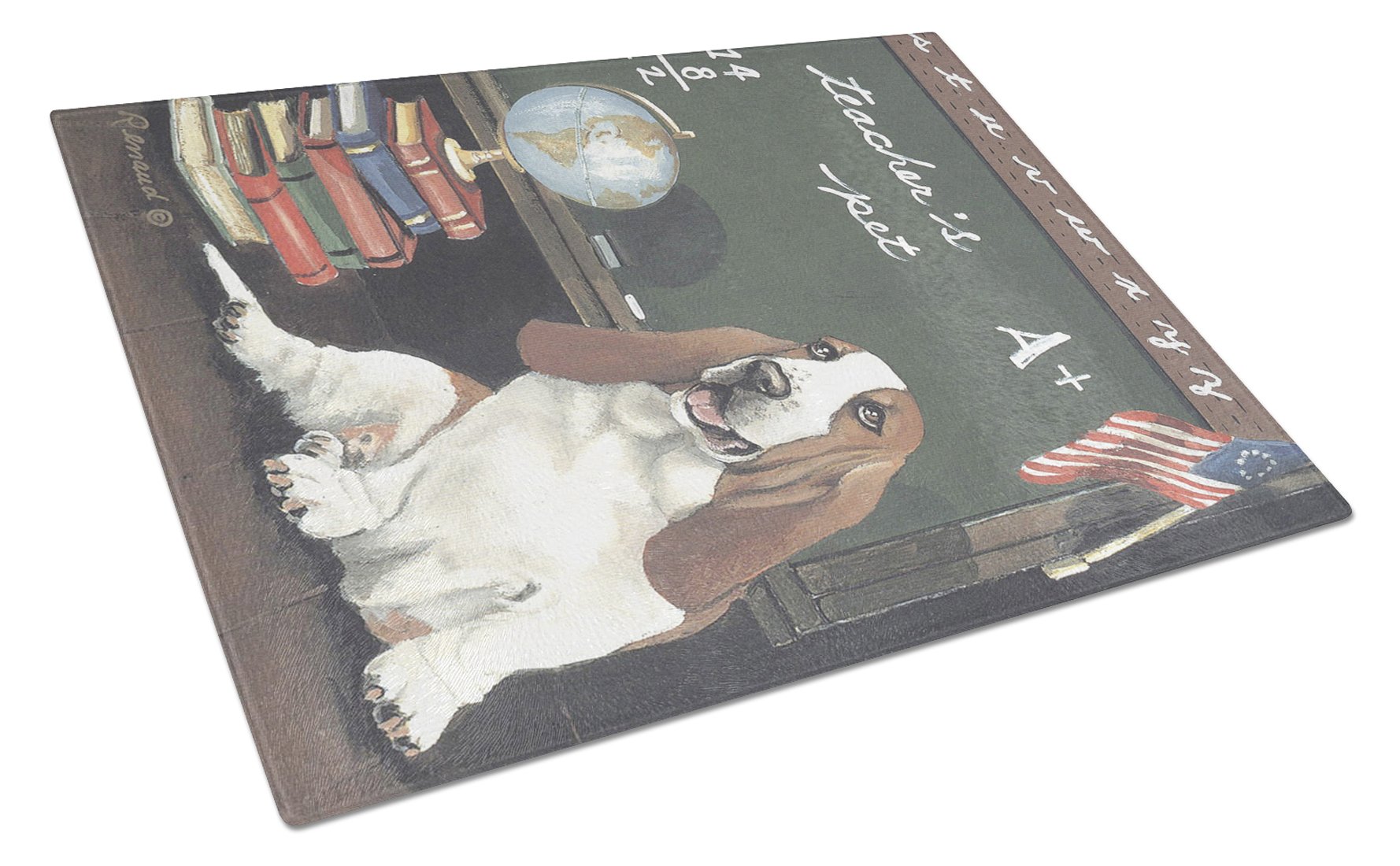 Basset Hound Teacher's Pet Cutting Board Tempered Glass Kitchen Cutting Surface, Heat Resistant Chopping, Non-Slip Feet, Food Prep & Serving