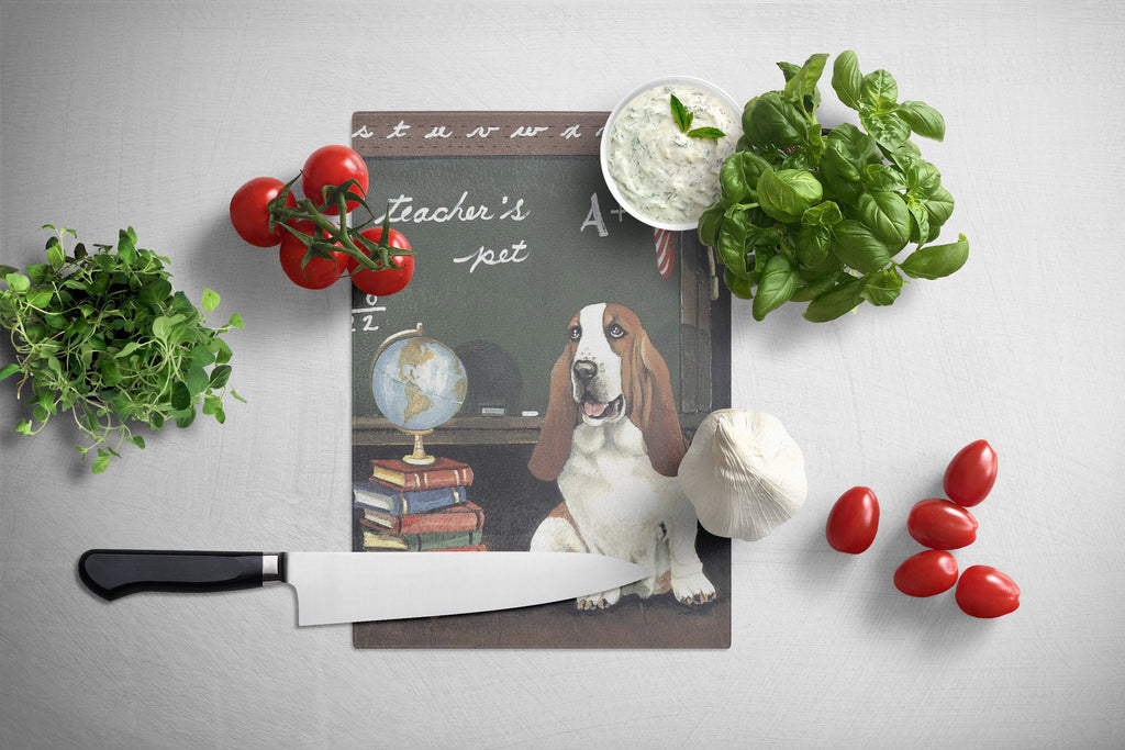 Basset Hound Teacher's Pet Cutting Board Tempered Glass Kitchen Cutting Surface, Heat Resistant Chopping, Non-Slip Feet, Food Prep & Serving
