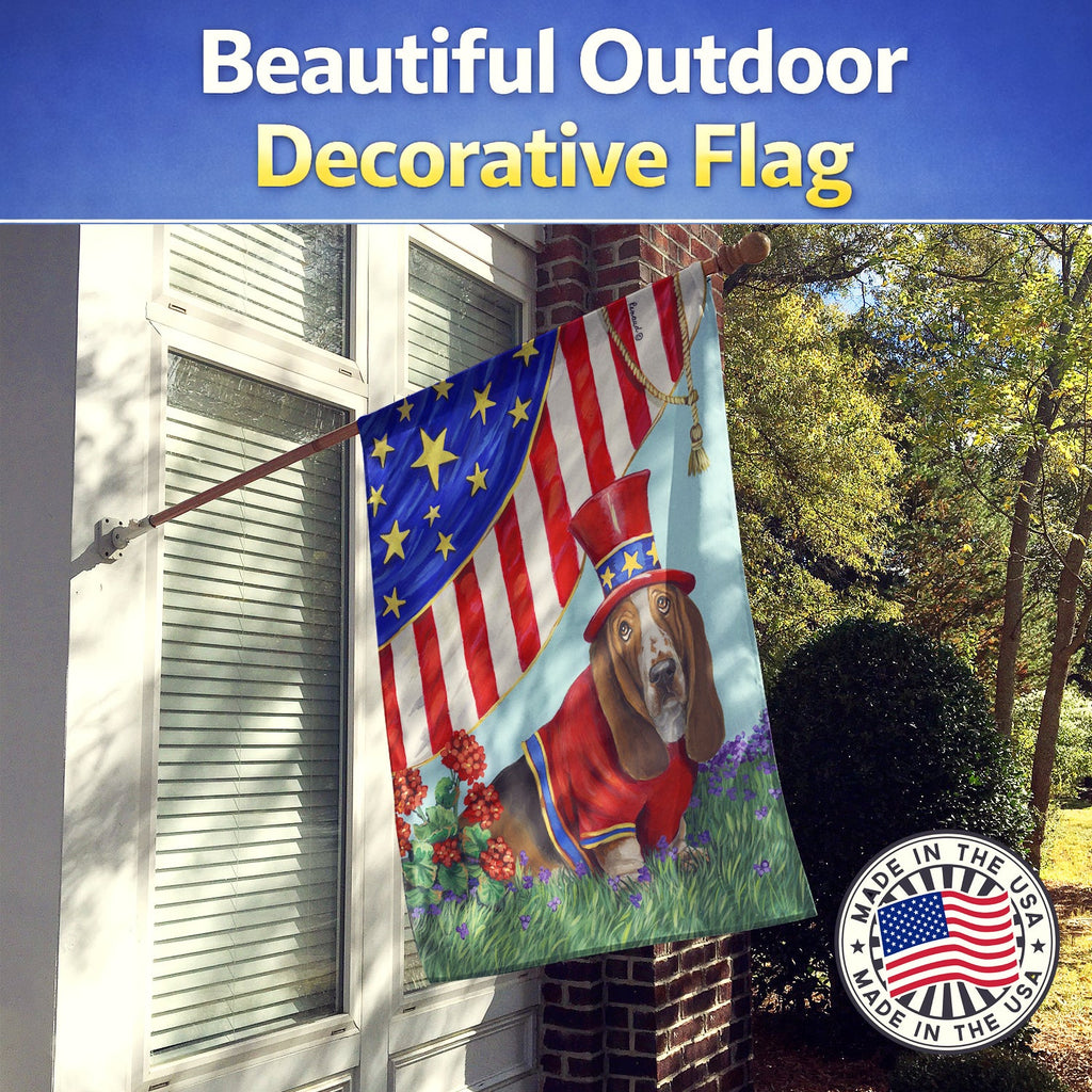 Basset Hound USA House Flag 28x40 Porch Sleeve Pole Decorative Outside Yard Banner Artwork Wall Hanging, Polyester