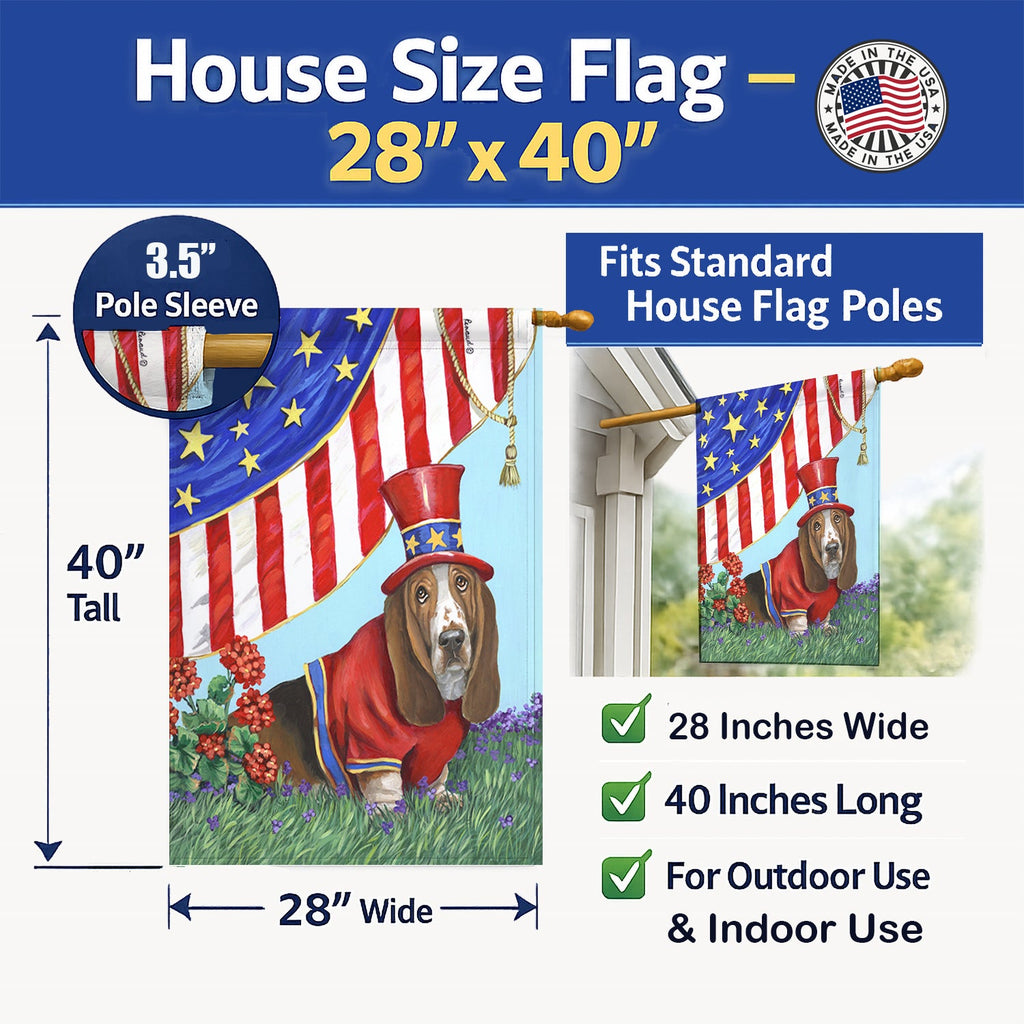 Basset Hound USA House Flag 28x40 Porch Sleeve Pole Decorative Outside Yard Banner Artwork Wall Hanging, Polyester