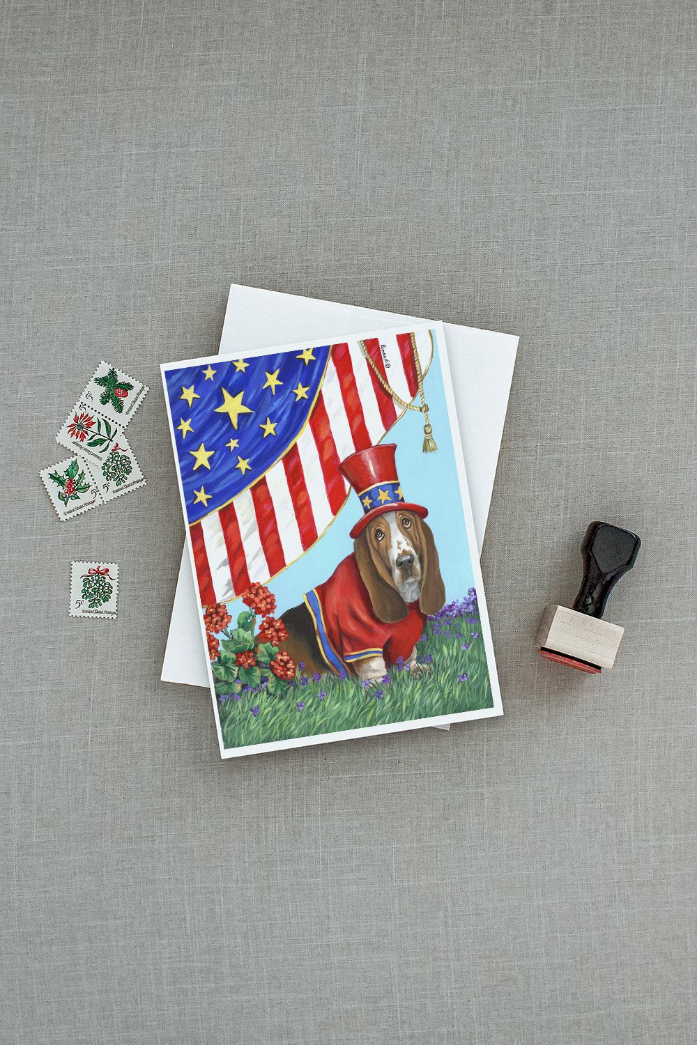 Basset Hound USA Greeting Cards Pack of 8 Blank Cards with Envelopes Whimsical A7 Size 5x7