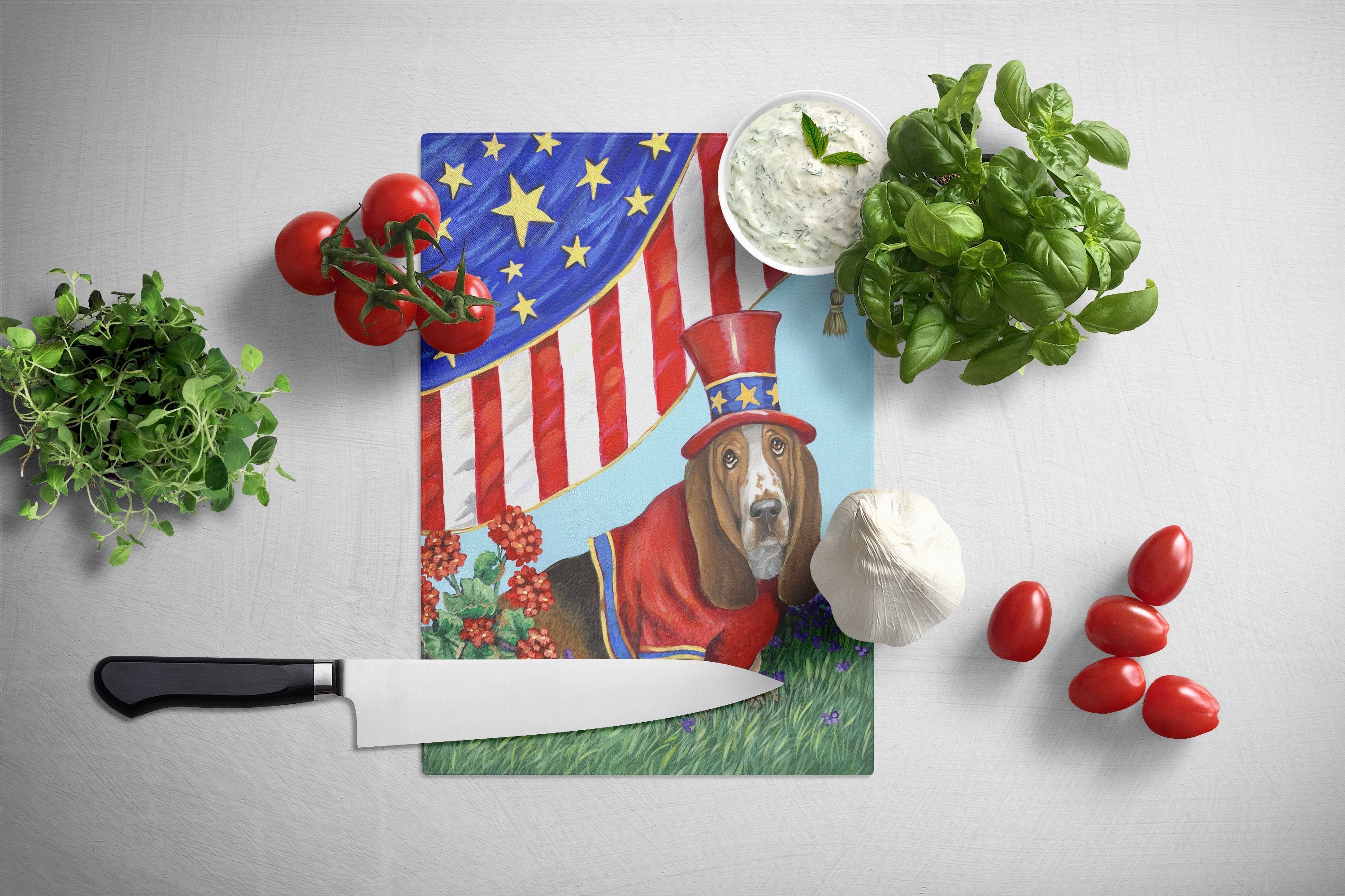 Basset Hound USA Cutting Board Tempered Glass Kitchen Cutting Surface, Heat Resistant Chopping, Non-Slip Feet, Food Prep & Serving