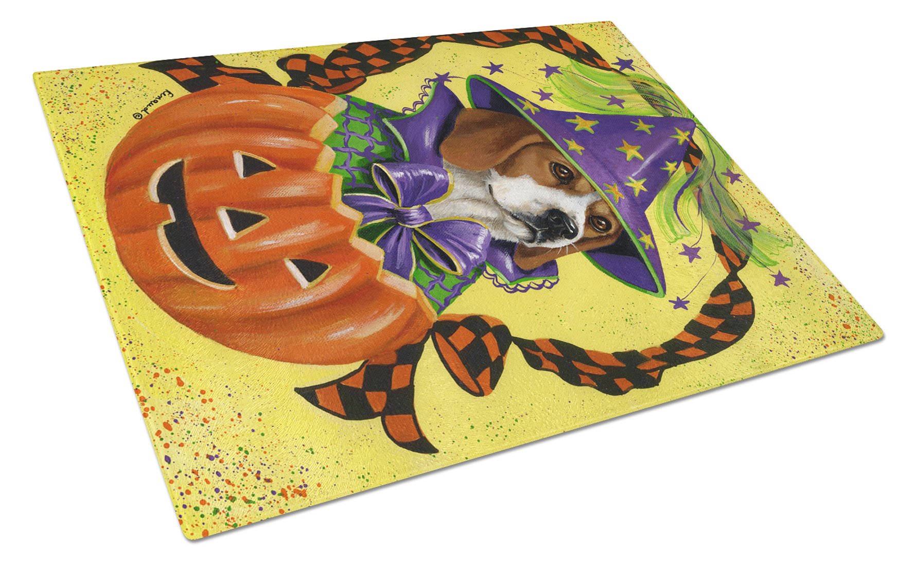 Beagle Halloweenie Cutting Board Tempered Glass Kitchen Cutting Surface, Heat Resistant Chopping, Non-Slip Feet, Food Prep & Serving