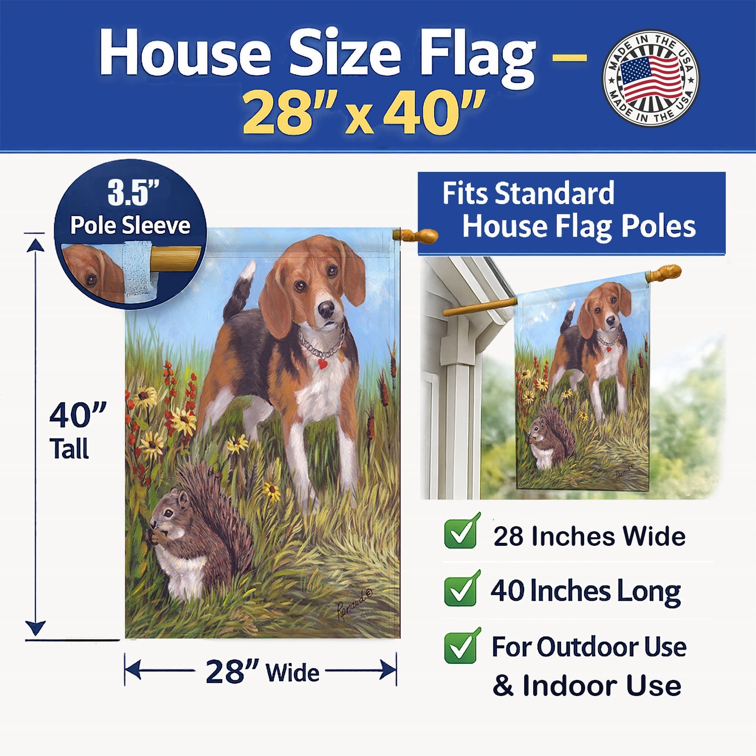 Beagle Hunter Hunted House Flag 28x40 Porch Sleeve Pole Decorative Outside Yard Banner Artwork Wall Hanging, Polyester
