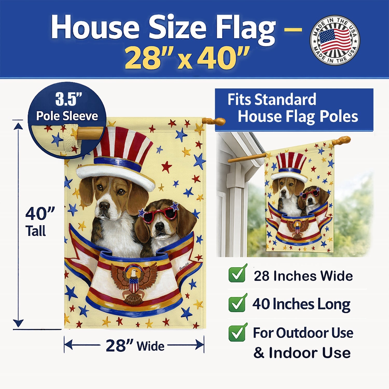 Beagle USA House Flag 28x40 Porch Sleeve Pole Decorative Outside Yard Banner Artwork Wall Hanging, Polyester