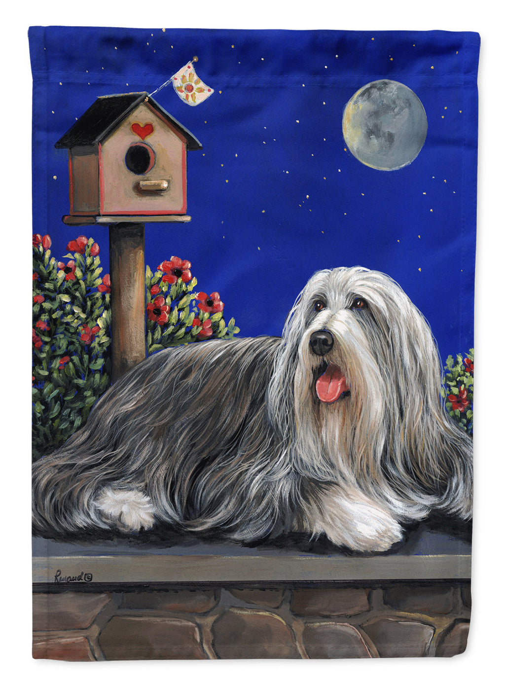 Bearded Collie Moon shine House Flag 28x40 Porch Sleeve Pole Decorative Outside Yard Banner Artwork Wall Hanging, Polyester