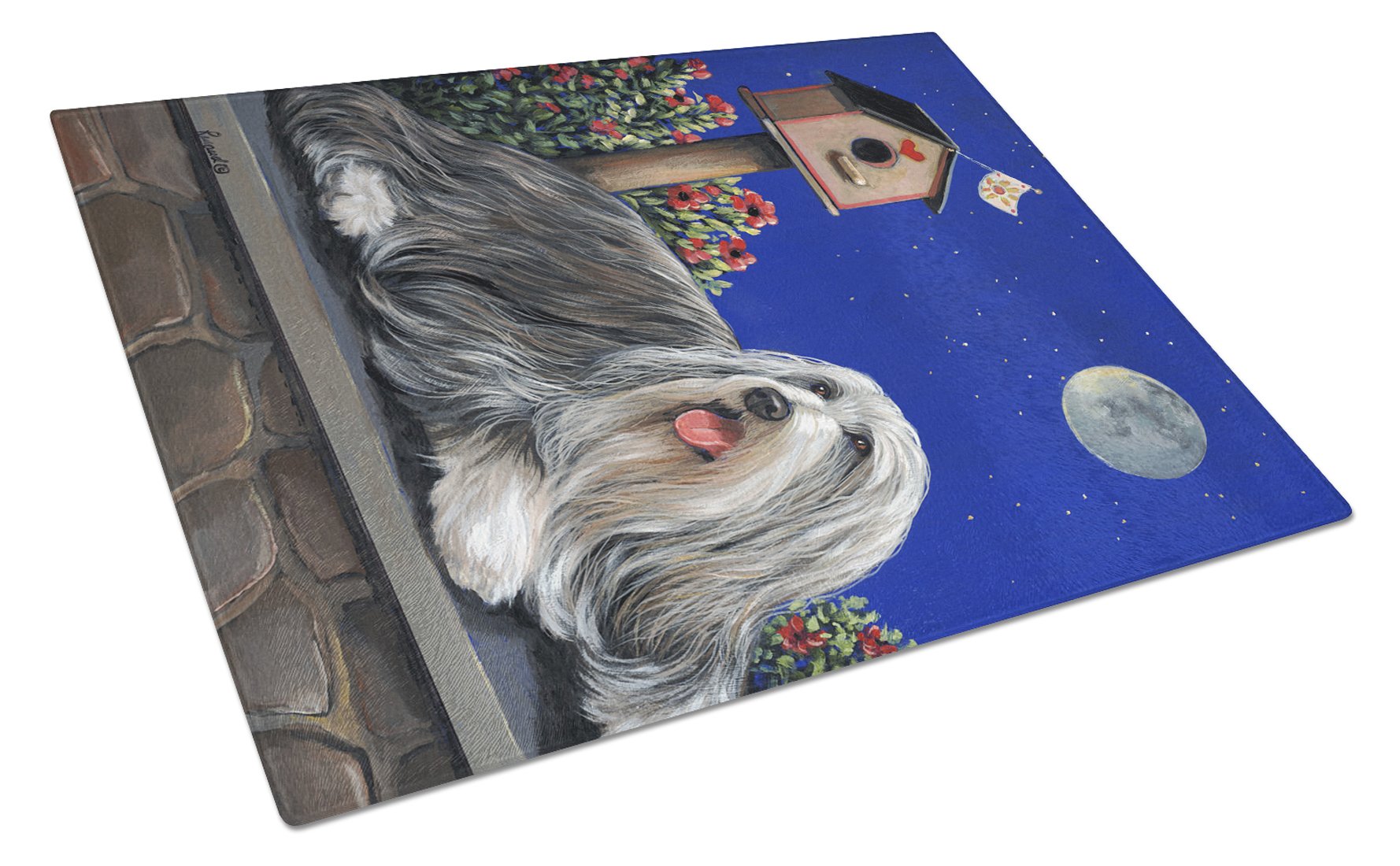 Bearded Collie Moon shine Cutting Board Tempered Glass Kitchen Cutting Surface, Heat Resistant Chopping, Non-Slip Feet, Food Prep & Serving