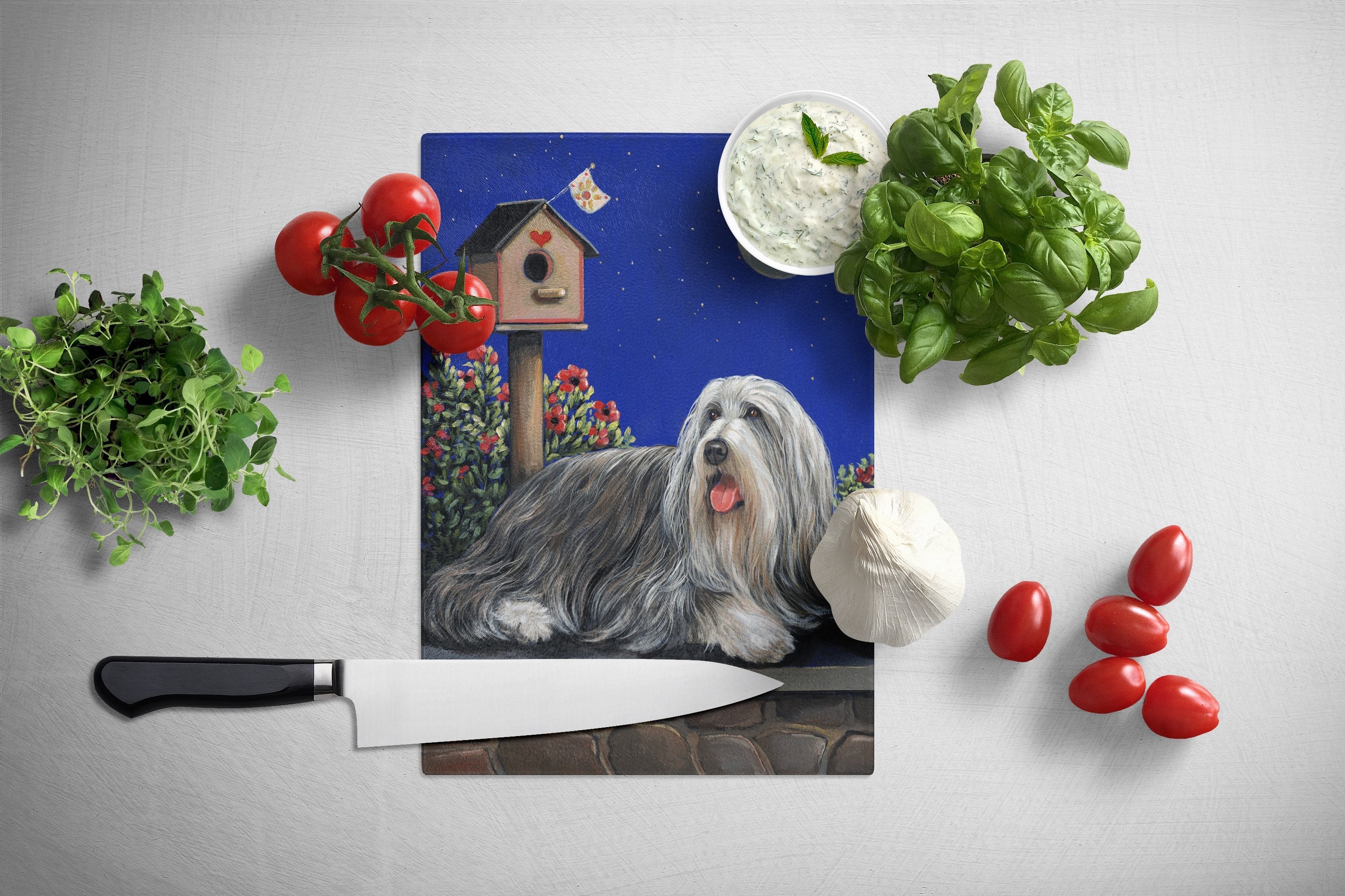 Bearded Collie Moon shine Cutting Board Tempered Glass Kitchen Cutting Surface, Heat Resistant Chopping, Non-Slip Feet, Food Prep & Serving