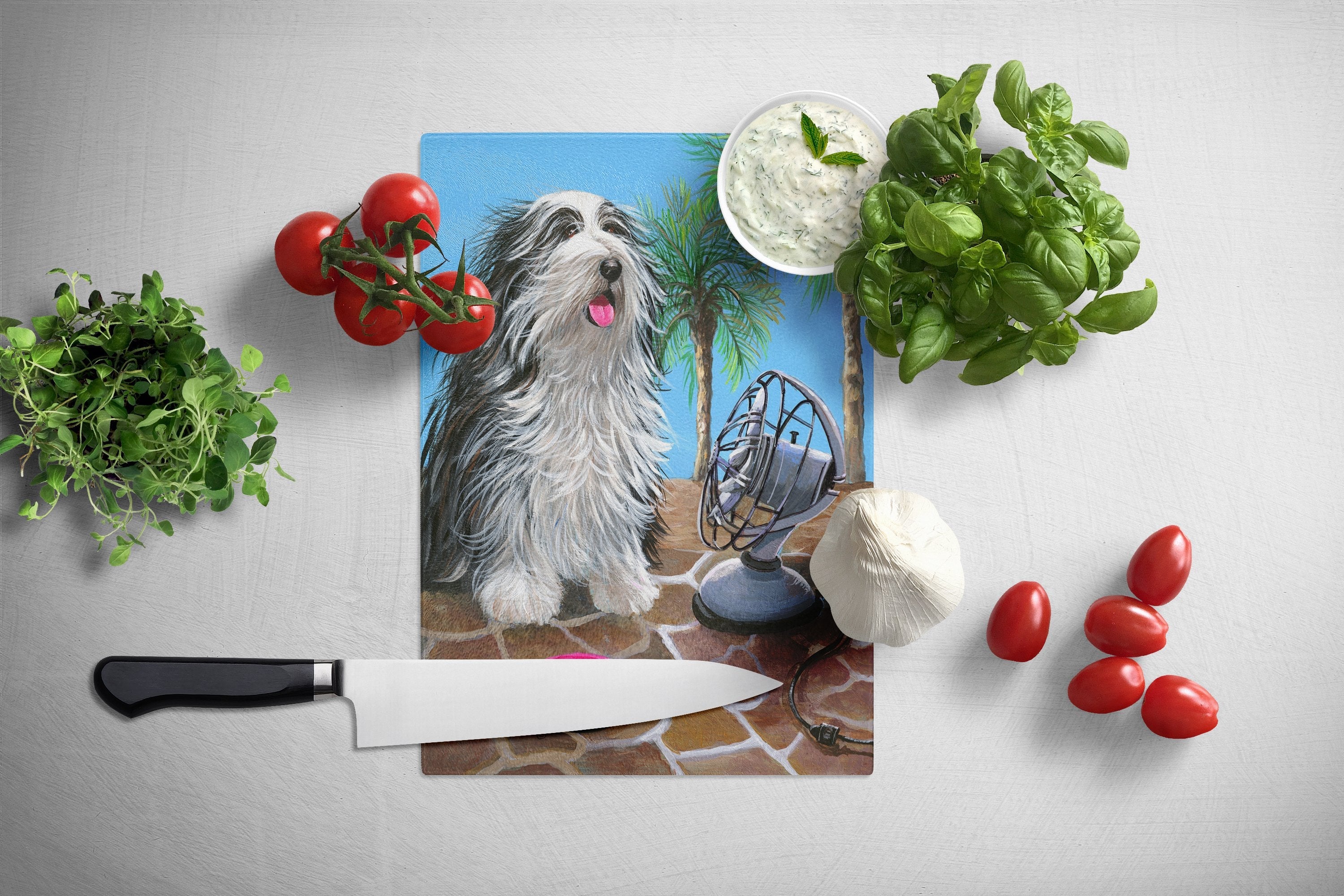 Bearded Collie Cool Summer Cutting Board Tempered Glass Kitchen Cutting Surface, Heat Resistant Chopping, Non-Slip Feet, Food Prep & Serving
