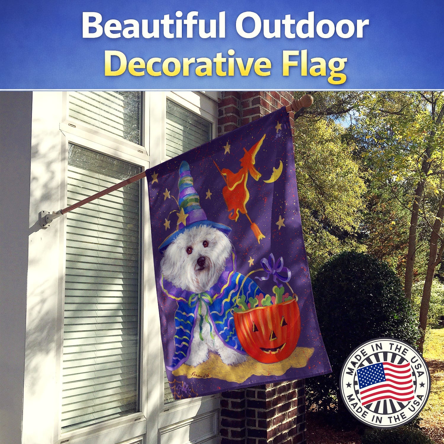 Bichon Frise Boo Halloween House Flag 28x40 Porch Sleeve Pole Decorative Outside Yard Banner Artwork Wall Hanging, Polyester