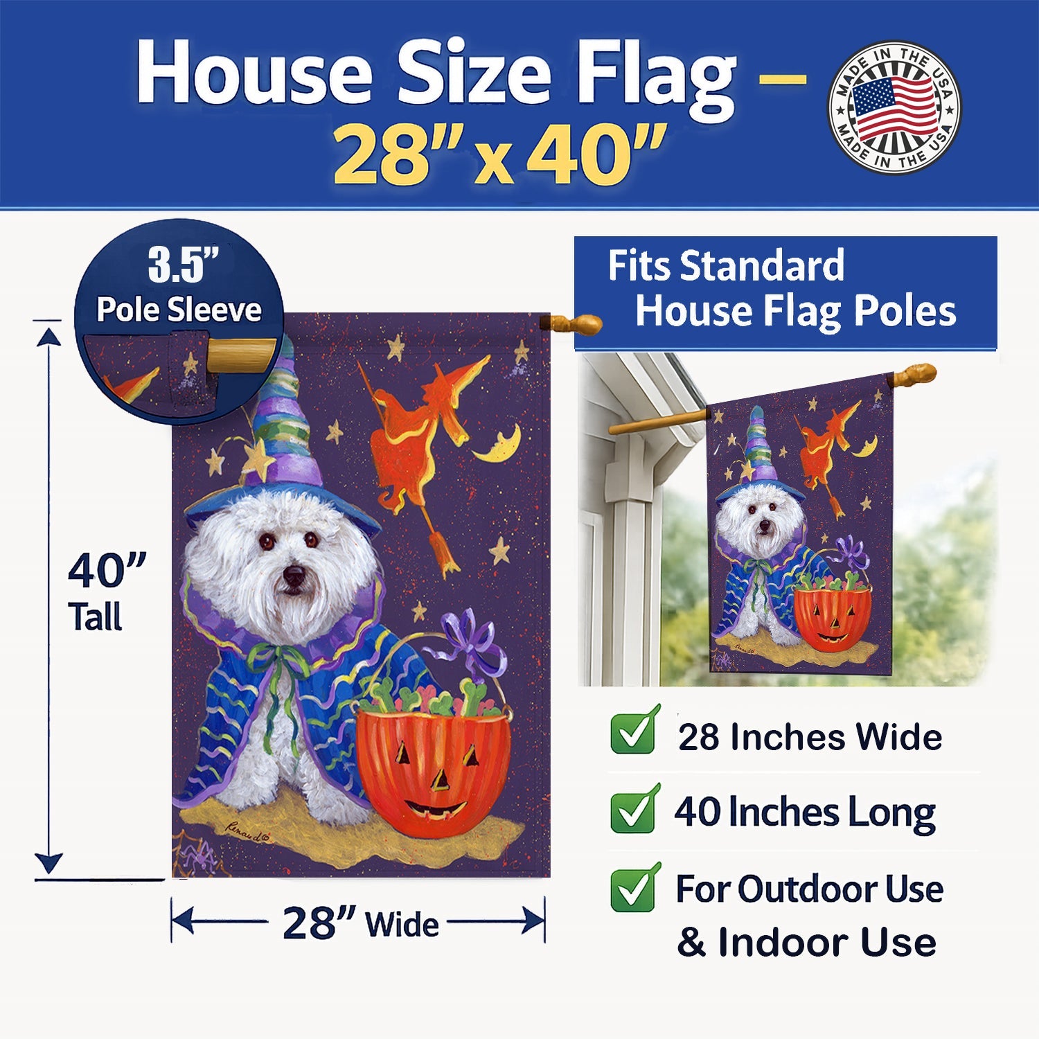 Bichon Frise Boo Halloween House Flag 28x40 Porch Sleeve Pole Decorative Outside Yard Banner Artwork Wall Hanging, Polyester