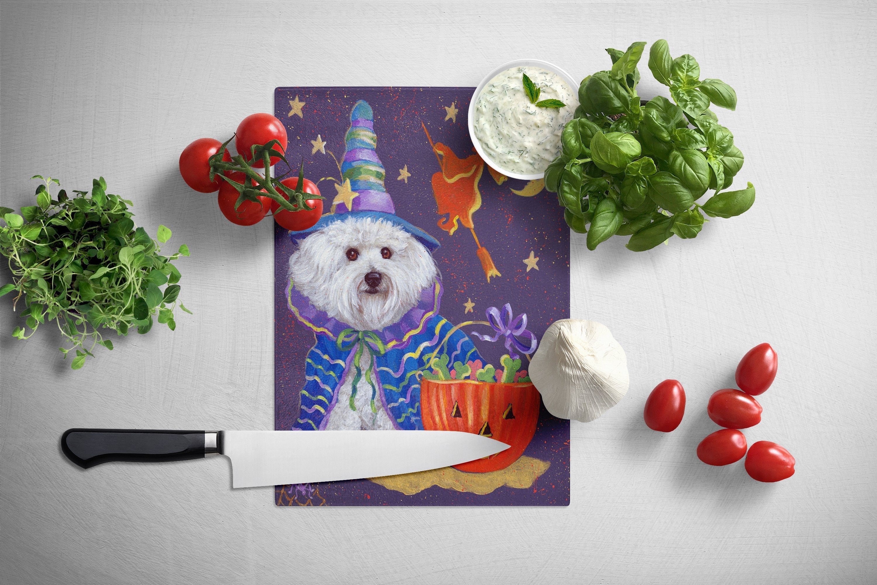 Bichon Frise Boo Halloween Cutting Board Tempered Glass Kitchen Cutting Surface, Heat Resistant Chopping, Non-Slip Feet, Food Prep & Serving