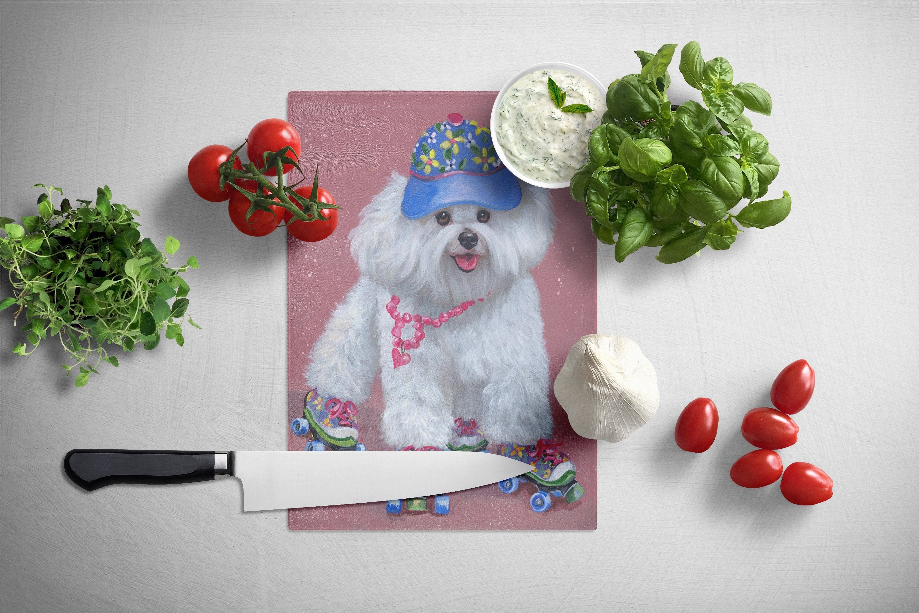 Bichon Frise Girls do it Better Cutting Board Tempered Glass Kitchen Cutting Surface, Heat Resistant Chopping, Non-Slip Feet, Food Prep & Serving