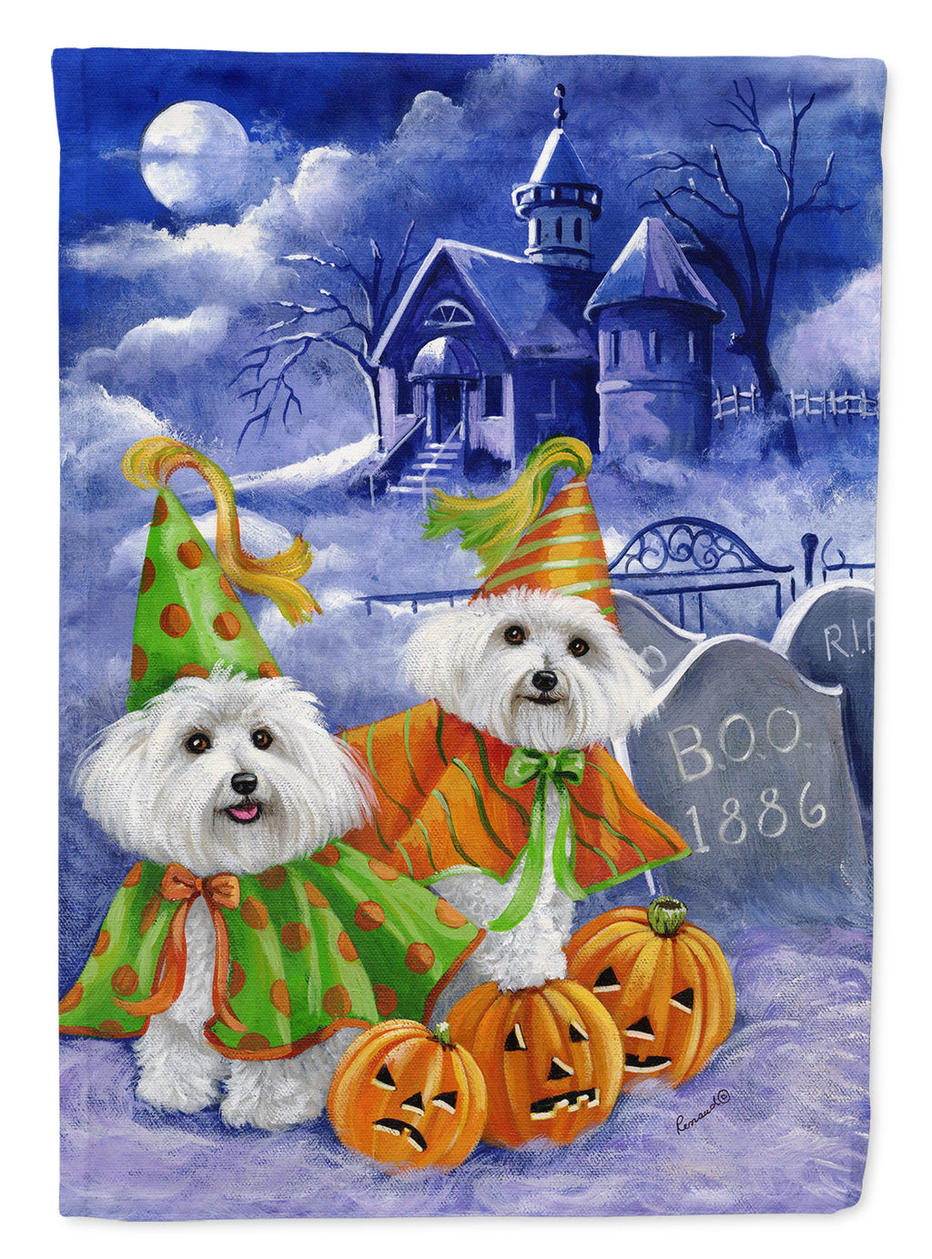 Bichon Frise Halloween Haunted House House Flag 28x40 Porch Sleeve Pole Decorative Outside Yard Banner Artwork Wall Hanging, Polyester