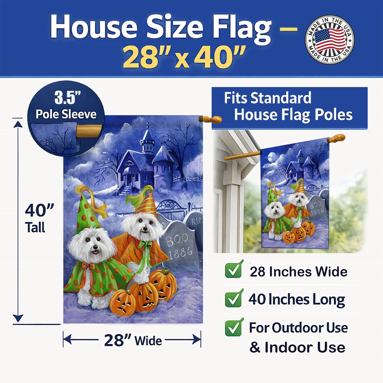 Bichon Frise Halloween Haunted House House Flag 28x40 Porch Sleeve Pole Decorative Outside Yard Banner Artwork Wall Hanging, Polyester