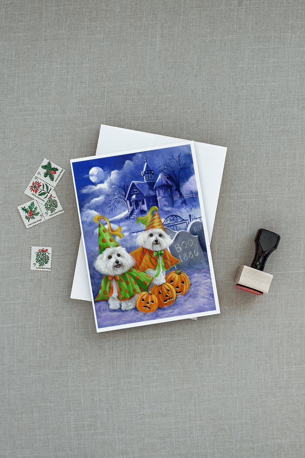 Bichon Frise Halloween Haunted House Greeting Cards Pack of 8 Blank Cards with Envelopes Whimsical A7 Size 5x7