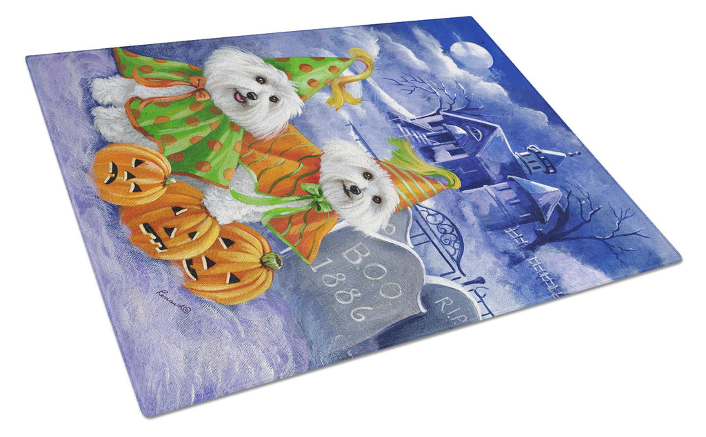 Bichon Frise Halloween Haunted House Cutting Board Tempered Glass Kitchen Cutting Surface, Heat Resistant Chopping, Non-Slip Feet, Food Prep & Serving