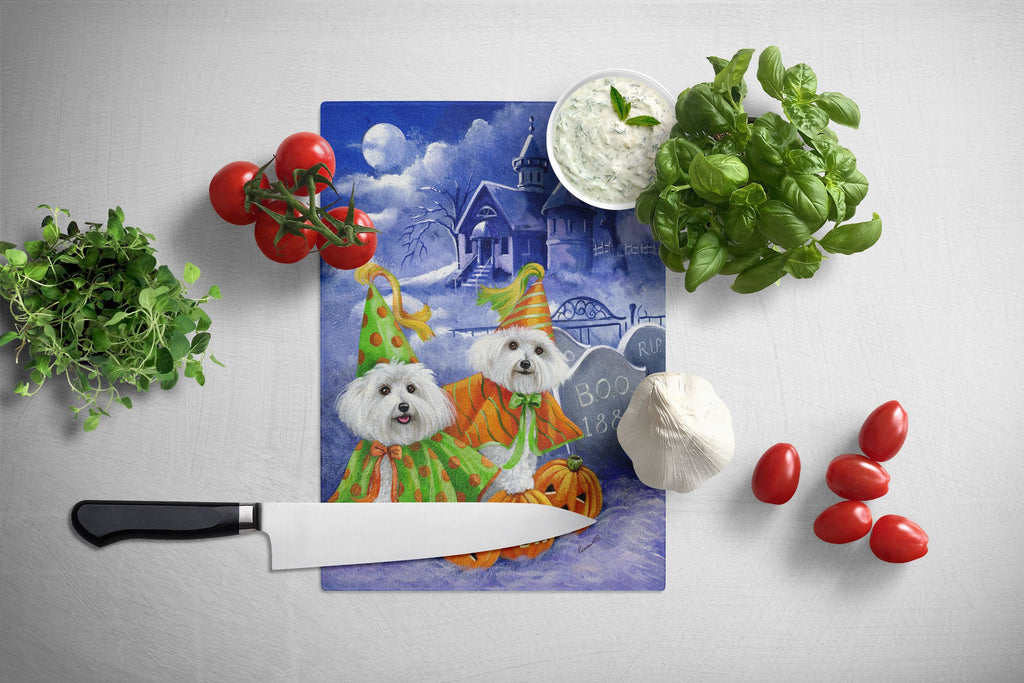 Bichon Frise Halloween Haunted House Cutting Board Tempered Glass Kitchen Cutting Surface, Heat Resistant Chopping, Non-Slip Feet, Food Prep & Serving